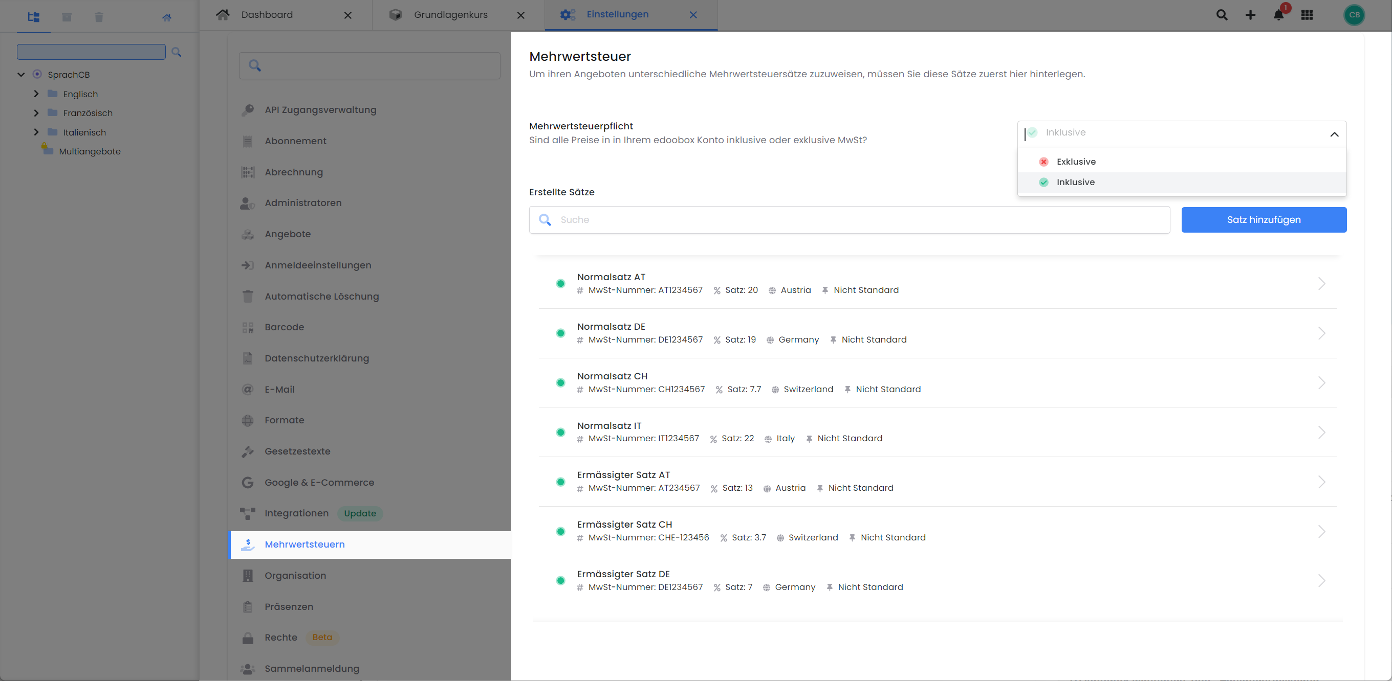 Auf diesem Screenshot ist die Benutzeroberfläche von edoobox, dem Online-Buchungssystem, zu sehen. Hervorgehoben sind die globalen Einstellungen zu den Mehrwertsteuersätzen und die Möglichkeit, die Preise in edoobox inklusive oder exklusive Mehrwertsteuer zu verrechnen und auzuweisen.