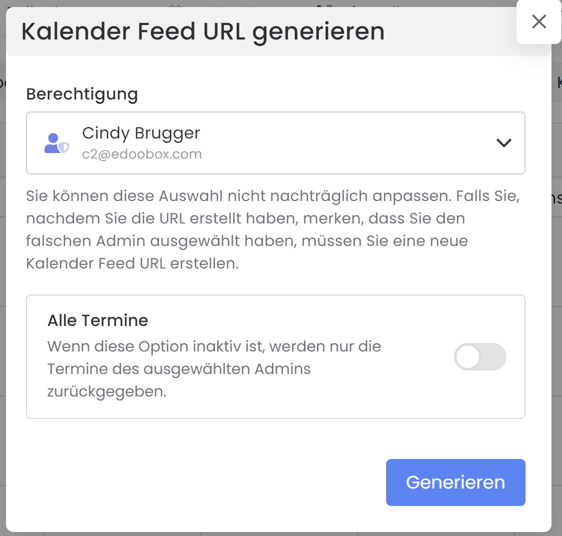 Auf dem Bild ist das Kalender-Feed-Fenster von edoobox, dem Online-Buchungssystem, zu sehen. Es zeigt die Eingabefelder für die Erstellung einer Kalender-Feed-URL, um die Termine von edoobox in einem externen Kalender abonnieren zu können.