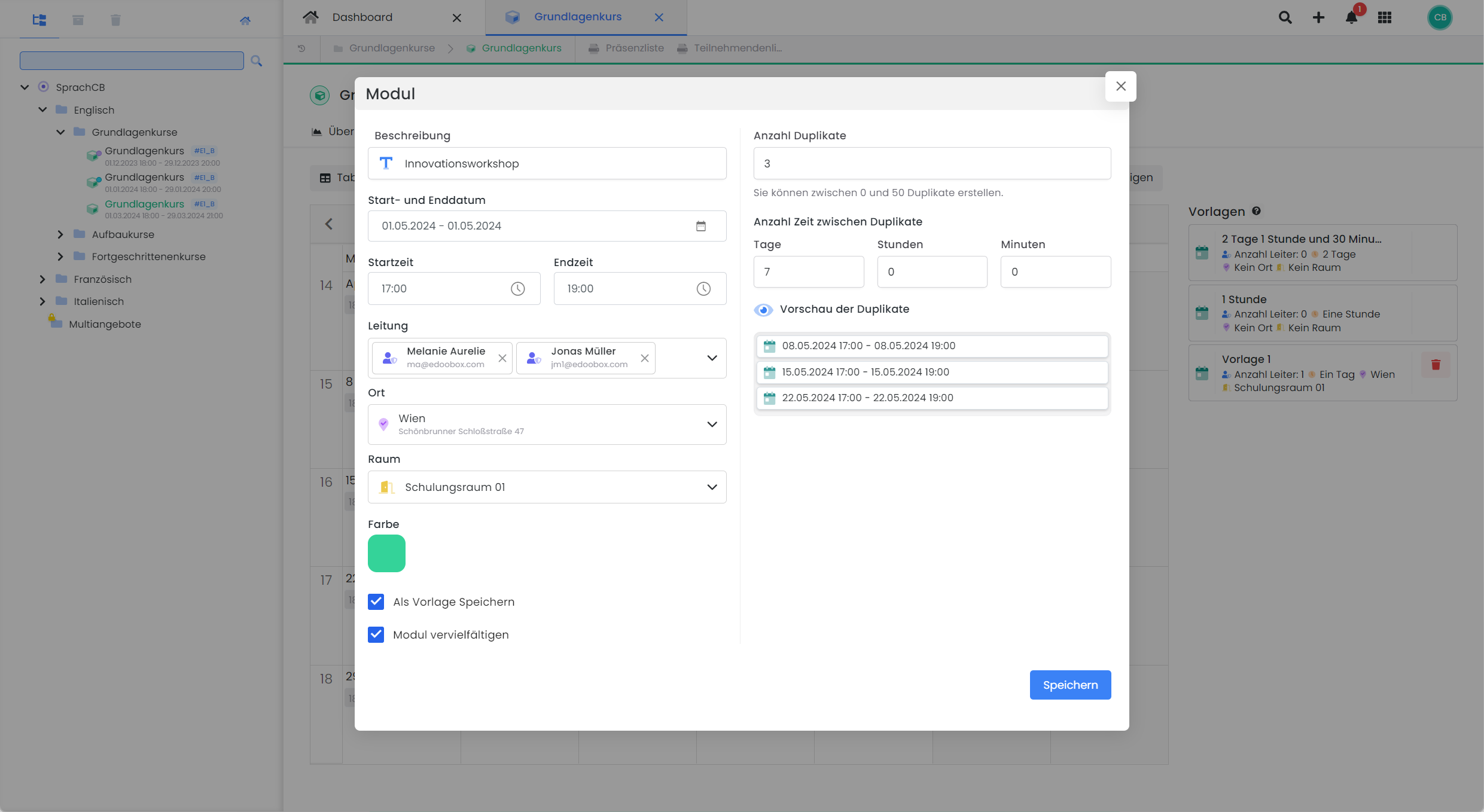 Auf dem Bild ist das Terminfenster von edoobox, dem Online-Buchungssystem, zu sehen. Es zeigt die Eingabefelder für die Erstellung oder Bearbeitung eines Termins, wobei Details wie Beschreibung, Zeitpunkt, Leitung, Ort und Raum angegeben werden können. Es gibt auch die Möglichkeit, den Termin zu vervielfältigen und den Termin als Vorlage zu speichern.