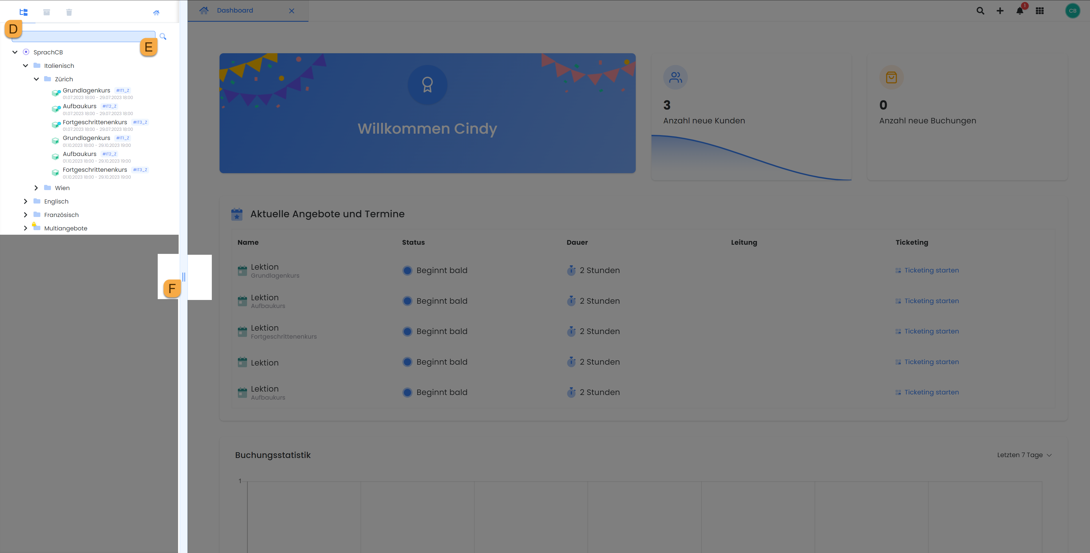 Detaillierte Ansicht der Benutzeroberfläche von edoobox, dem Online-Buchungssystem. Die Seitennavigation wird hervorgehoben mit verschiedenen Funktionen zur Anzeige und Suche der Angebote.