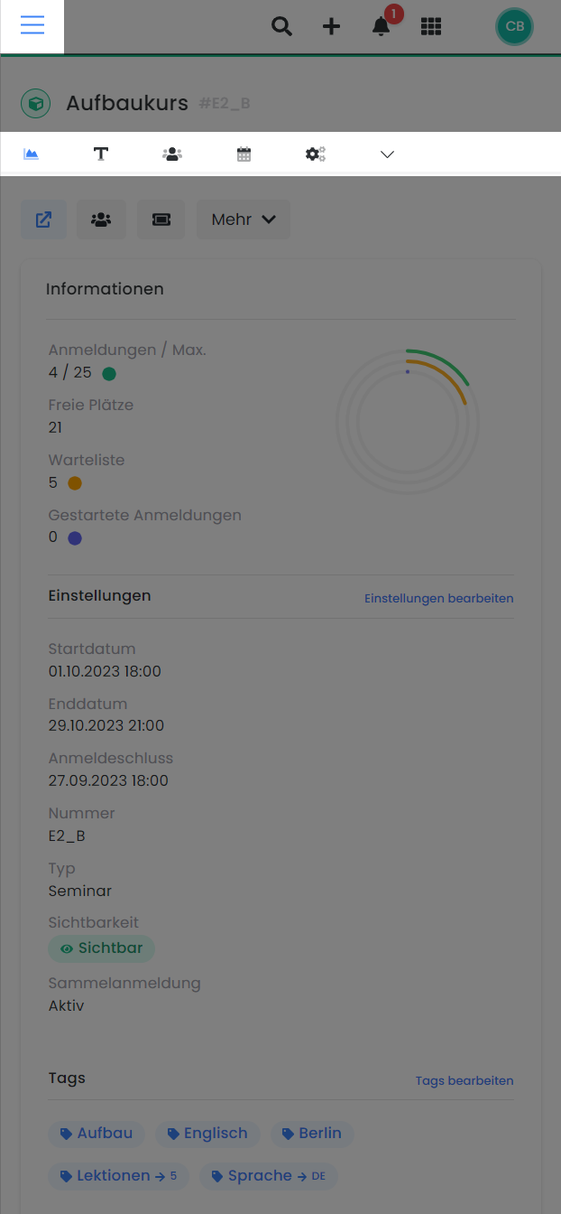 Mobile Ansicht des Angebotsdashboards von edoobox, dem Online-Buchungssystem, mit einer übersichtlichen Darstellung der Details zum ausgewählten Angebot.