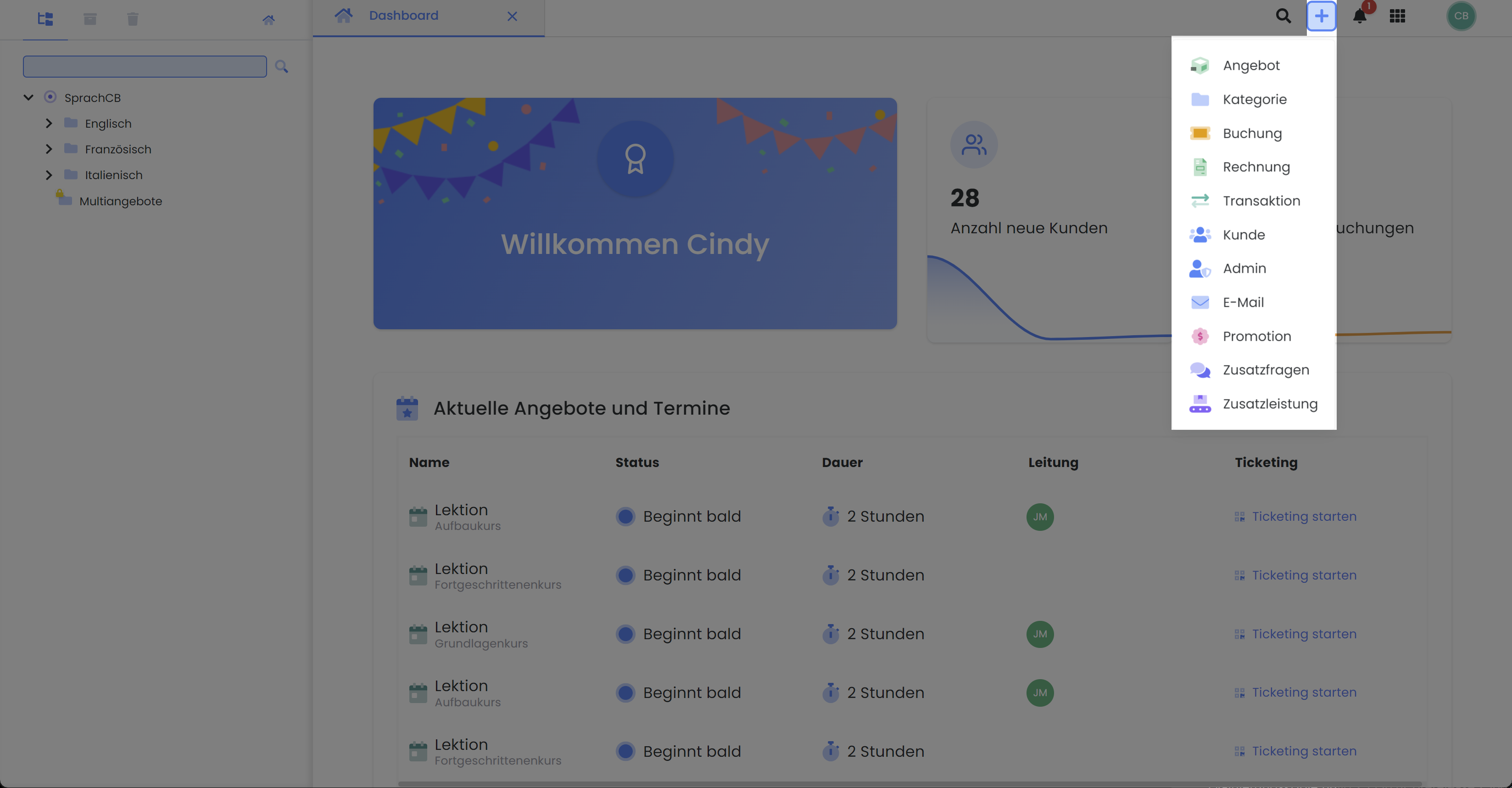 Detaillierte Ansicht der Benutzeroberfläche von edoobox, dem Online-Buchungssystem. Das Quickmenü in der Hauptnavigation ist hervorgehoben, über das Admins schnell neue Datensätze erstellen können.