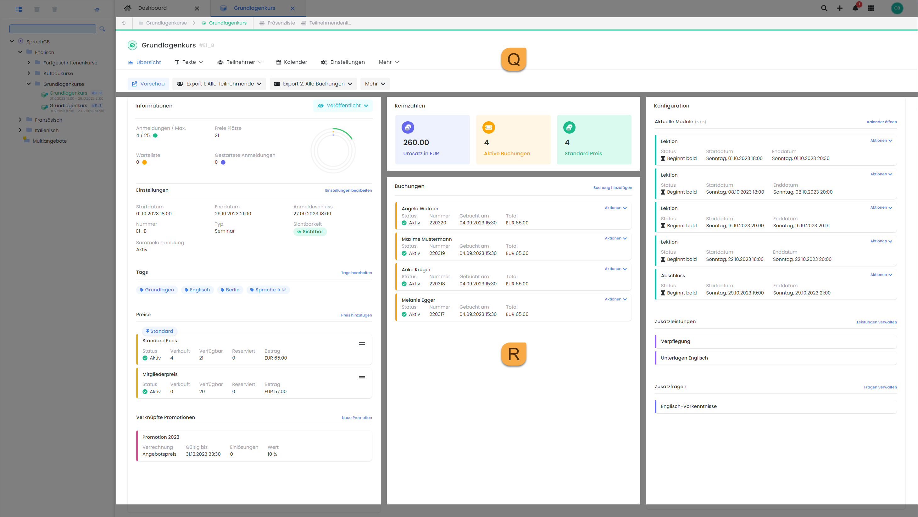 Angebotsspezifisches Dashboard in der Benutzeroberfläche von edoobox, dem Online-Buchungssystem, mit einer detaillierten Übersicht über das ausgewählte Angebot.