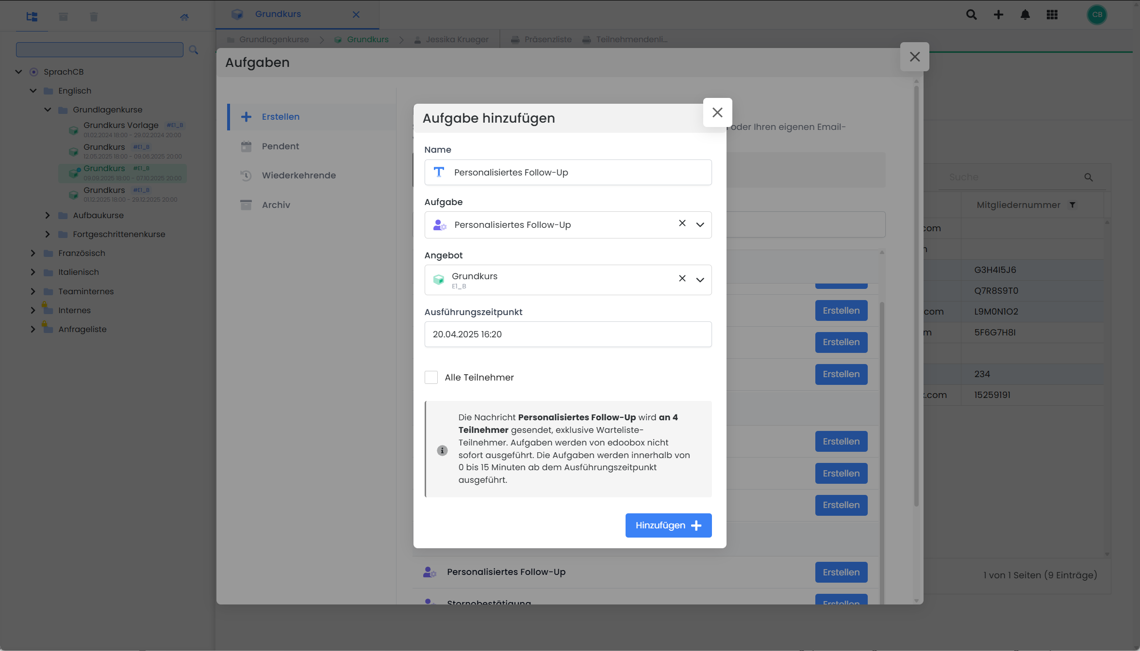 Erstellen-Dialog im edoobox System zur Planung einer personalisierten Follow-Up-Aufgabe für ein Kursangebot mit Auswahl von Teilnehmenden und Ausführungszeitpunkt
