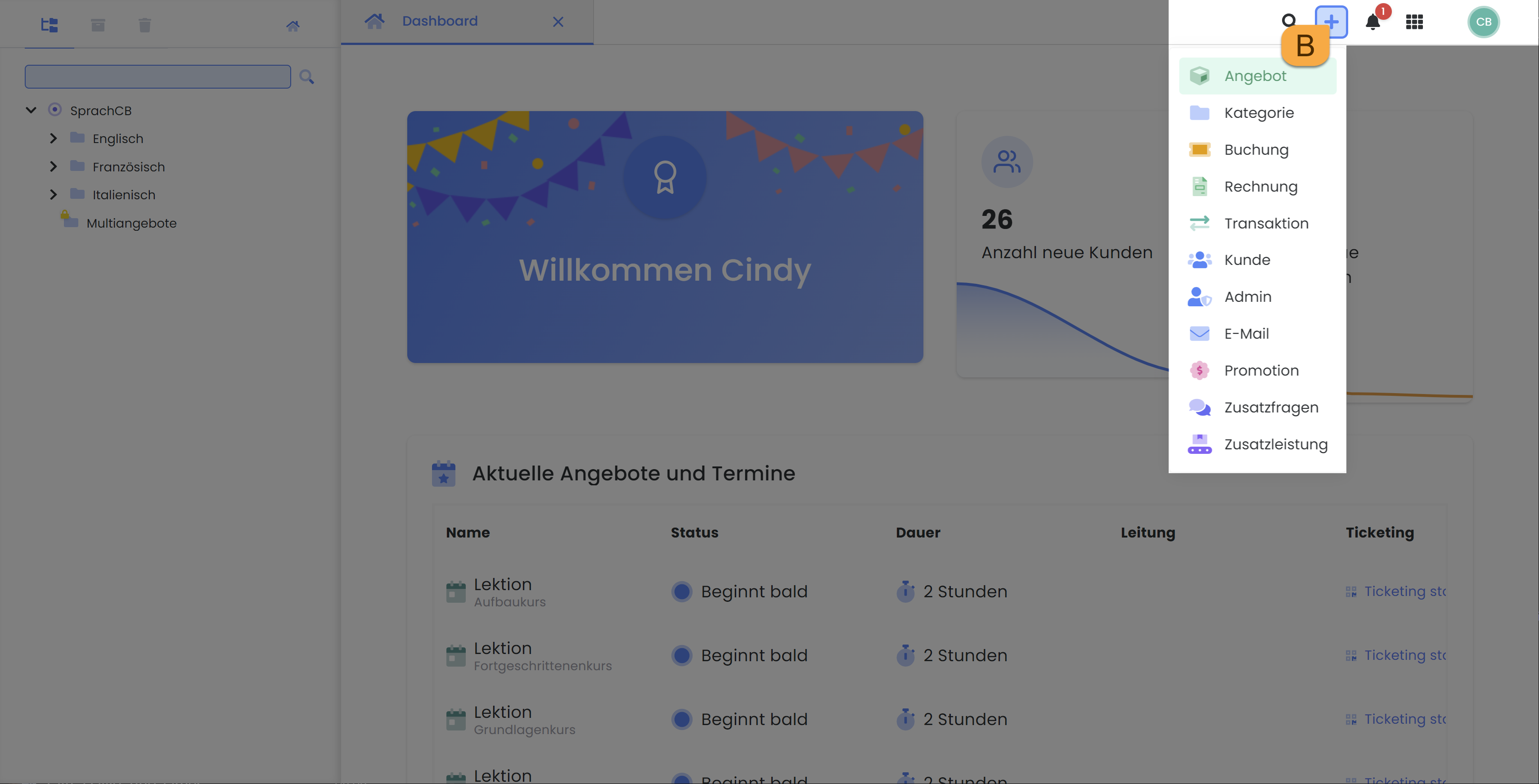 Benutzeroberfläche von edoobox, dem Online-Buchungssystem. Es ist das Quickmenü in der Hauptnavigation hervorgehoben, das durch das Klicken auf das Plus-Symbol geöffnet wurde. Über dieses Quickmenü kann man verschiedene Datensätze wie ein neues Angebot oder eine neue Kategorie erstellen.