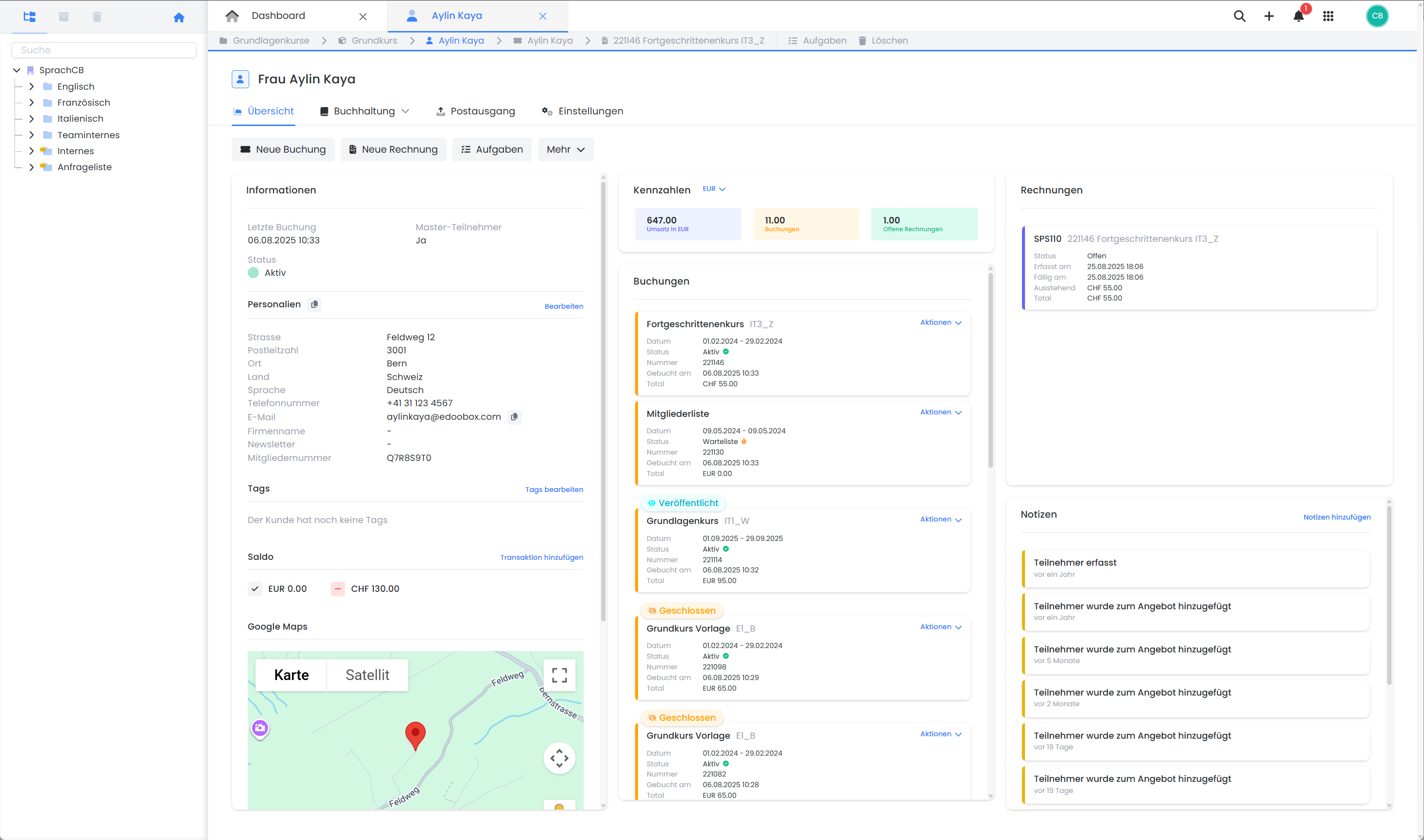 Screenshot von edoobox, dem online Buchungssystem. Bild zeigt einen Beispielkunden in seinem Dashboard mit Stammdaten, Buchungen, Rechnungen, Google Maps und weiteren Informationen und Einstellungen