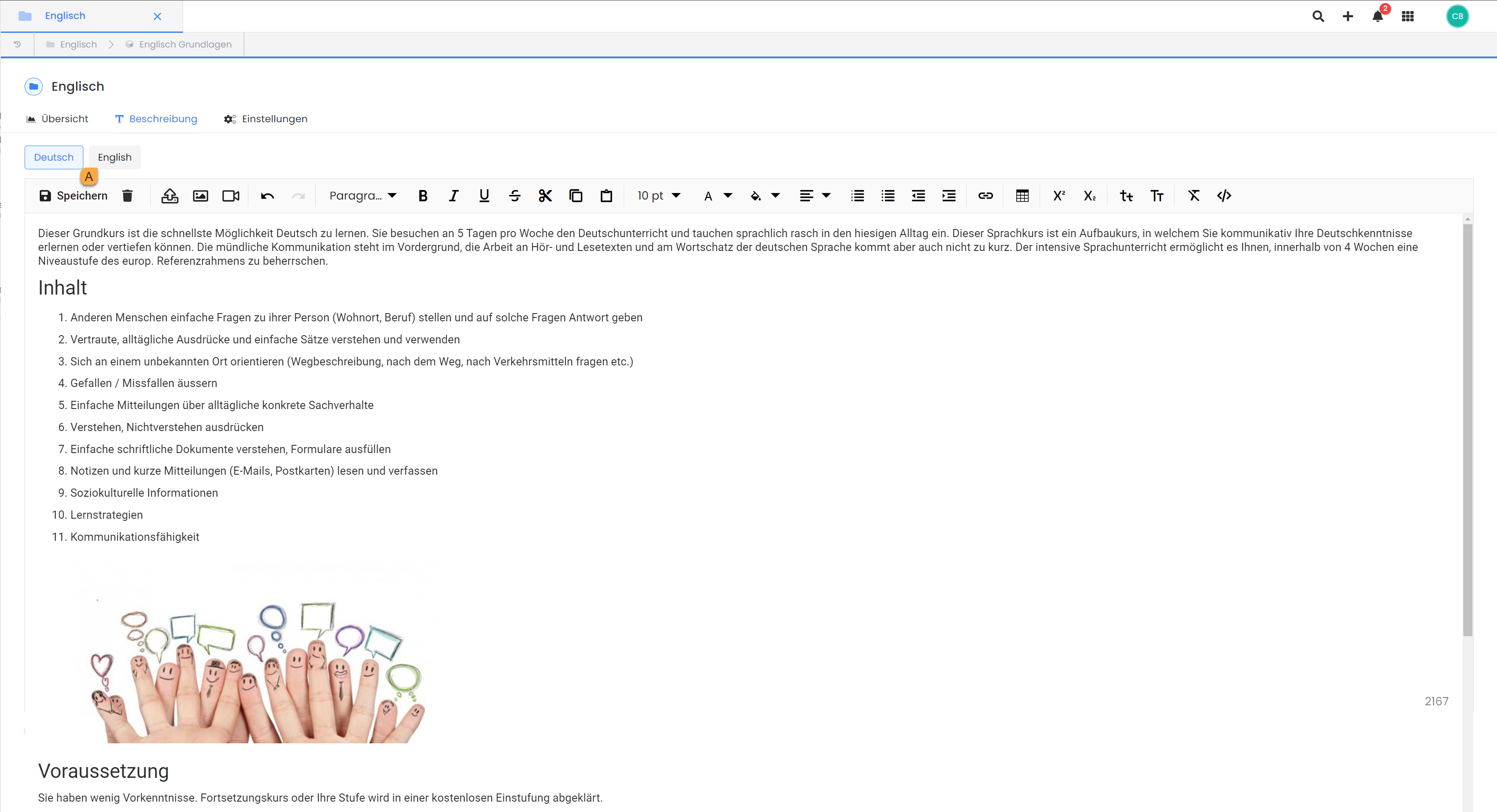 Dieser Screenshot zeigt die Benutzeroberfläche von edoobox, dem Online-Buchungssystem. Es wird der Texteditor einer Kategorie gezeigt, bei dem ein Beschreibungstext hinterlegt werden kann. Es wird darauf hingewiesen, dass der Admin die Beschreibungsinhalte in verschiedenen Sprachen hinterlegen kann.