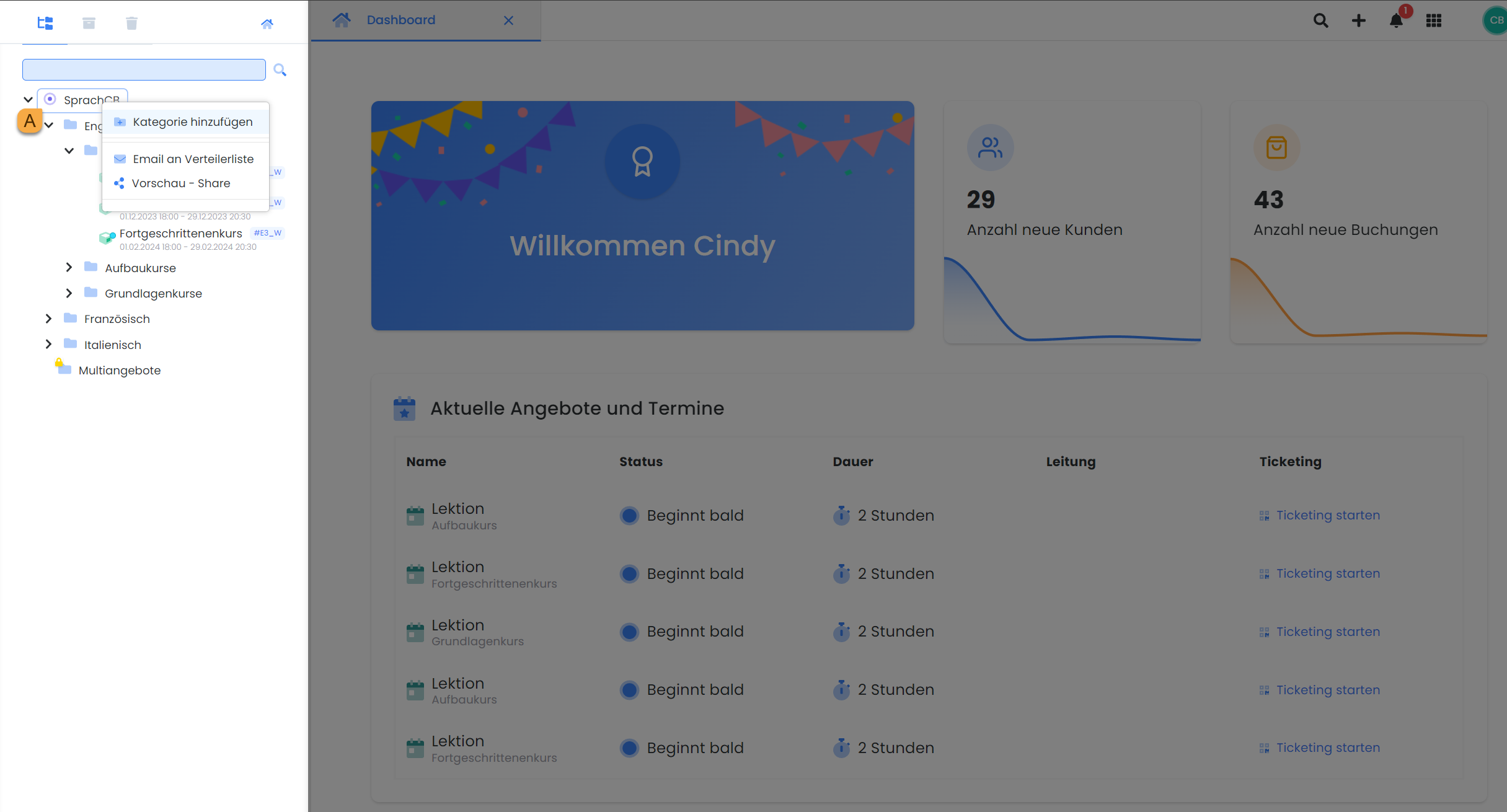 Dieser Screenshot zeigt das Dashboard von edoobox, dem Online-Buchungssystem. Es wird die Seitennavigation mit dem Angebotsbaum hervorgehoben und gezeigt, wie im Kontextmenü eine neue Kategorie erstellt werden kann.