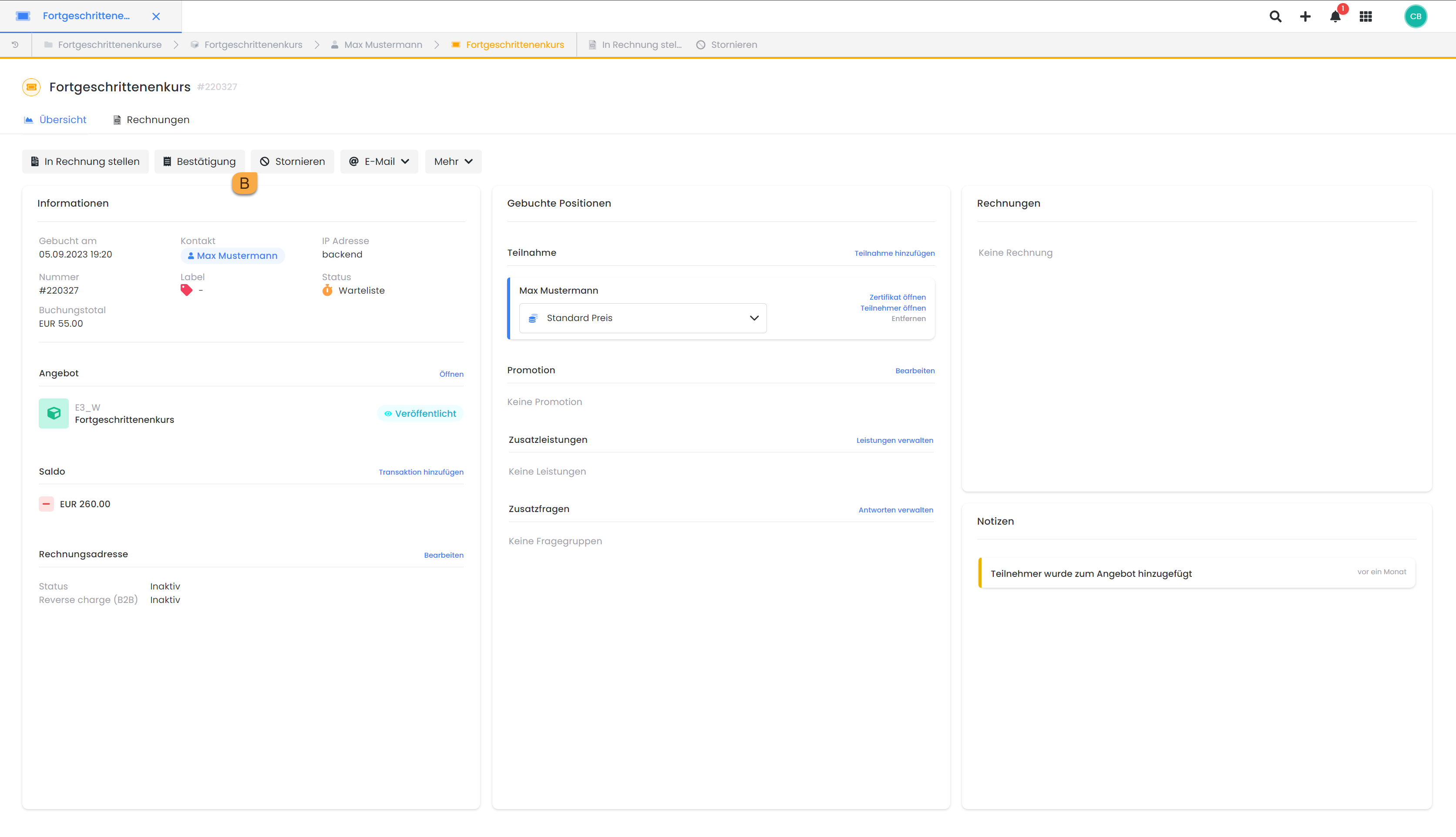 In diesem Bild wird die Benutzeroberfläche von edoobox gezeigt und das Buchungsdashboard ist geöffnet. Es wird hervorgehoben, welcher Button zur Stornierung der Buchung führt
