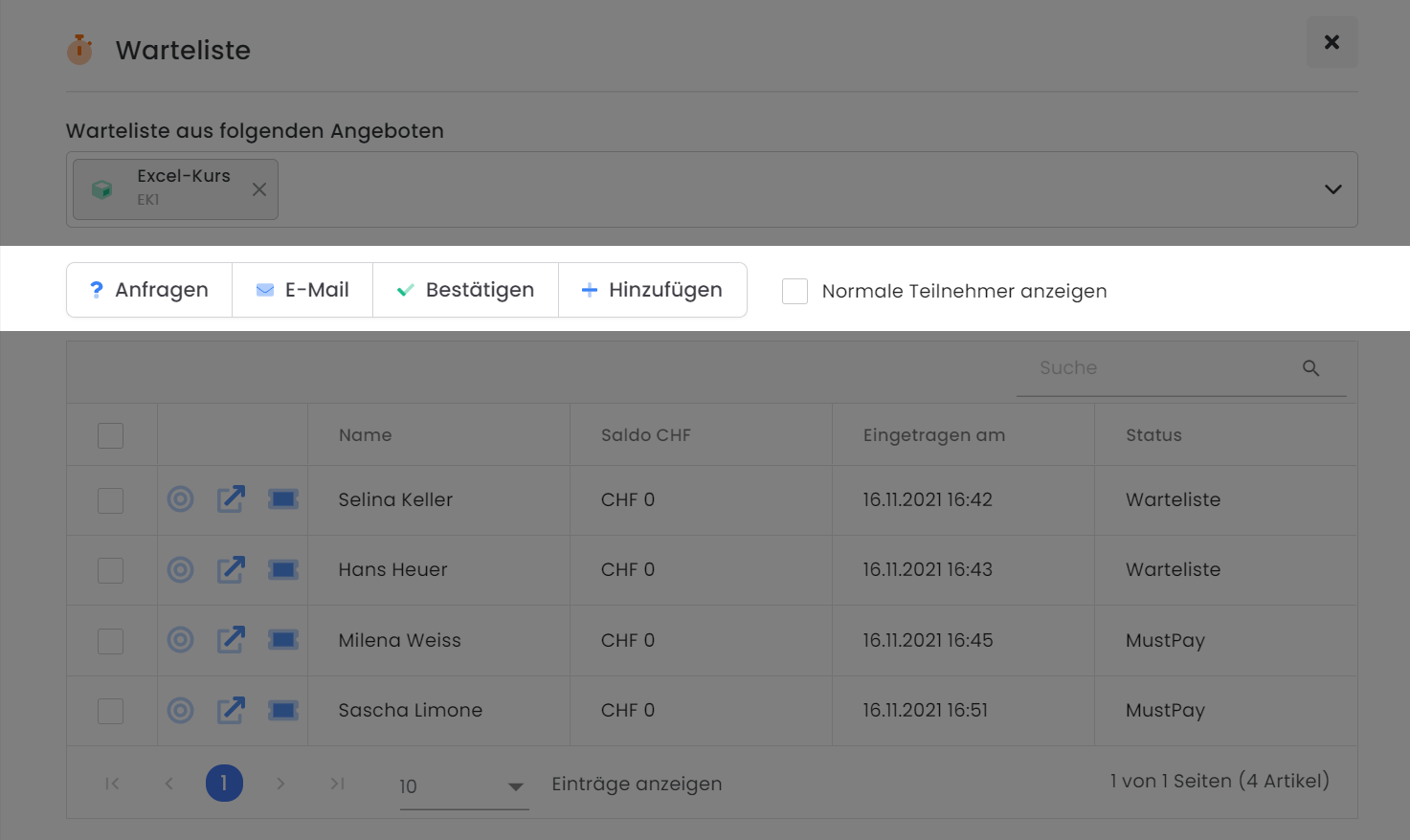 Das Bild zeigt das Wartelisten-Feature von edoobox, dem Online-Buchungssystem. Zu sehen sind die Funktionen in der Warteliste zur Verwaltung der Personen auf der Liste. Es stehen Optionen wie Anfrage versenden, Email senden, Buchung definitiv bestätigen oder weitere Personen zur Warteliste hinzufügen zur Verfügung.