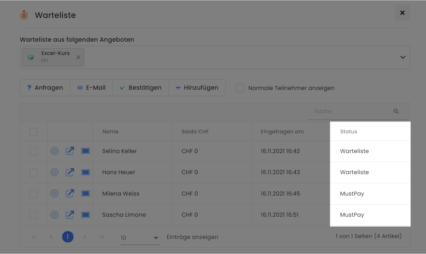 Das Bild zeigt das Wartelisten-Feature von edoobox, dem Online-Buchungssystem. Zu sehen ist eine Liste mit Personen, die für einen Excel-Kurs in die Warteliste eingetragen sind, mit ihren Namen, dem Saldo, dem Datum der Registrierung und ihrem Status, entweder als Warteliste oder MustPay gekennzeichnet.