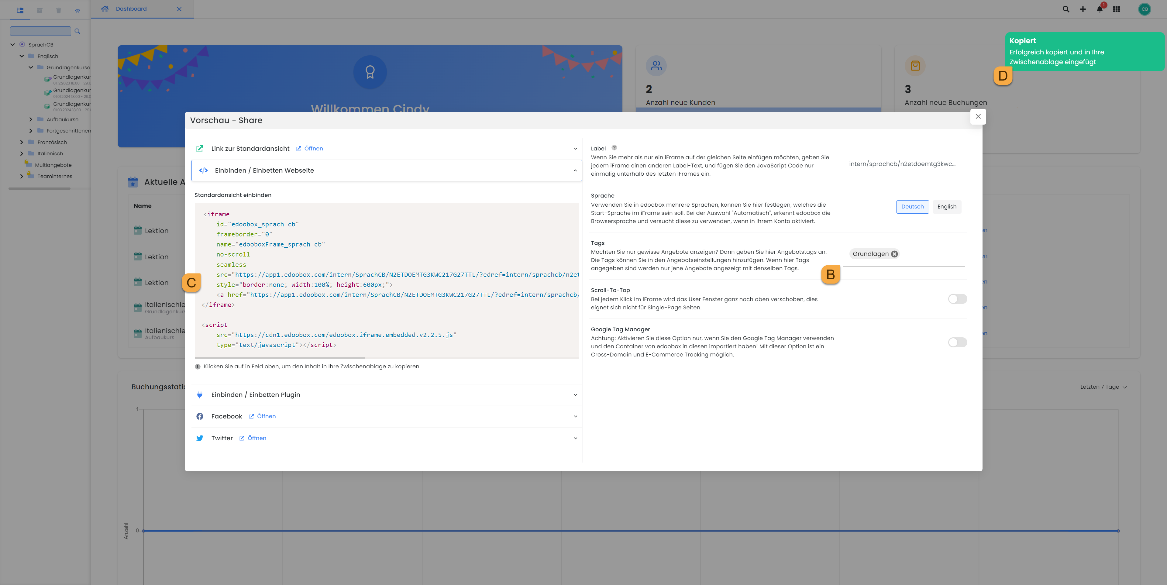 Dieses Bild zeigt die Benutzeroberflläche von edoobox, dem Online-Buchungssystem und geöffnet ist der Vorschau-Share-Bereich, in welchem die Einbindungscodes konfiguriert und erstellt werden können