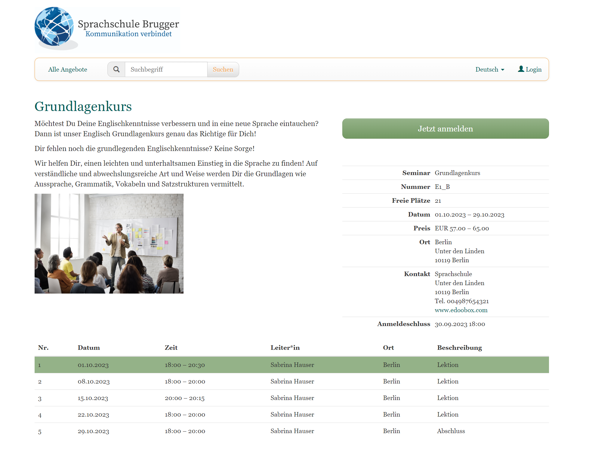 Dieses Bild zeigt einen Beispiel-Buchungsprozess mit edoobox, dem Online-Buchungssystem. Es stellt Kursdetails eines Angebots dar und zeigt eine Angebotsbeschreibung des Kurses und Informationen zu Preis, Durchführungsort, - zeitpunkt und Leitung. Es hat einen Anmeldebutton und eine Auflistung aller Termine, die zum Kurs gehören.