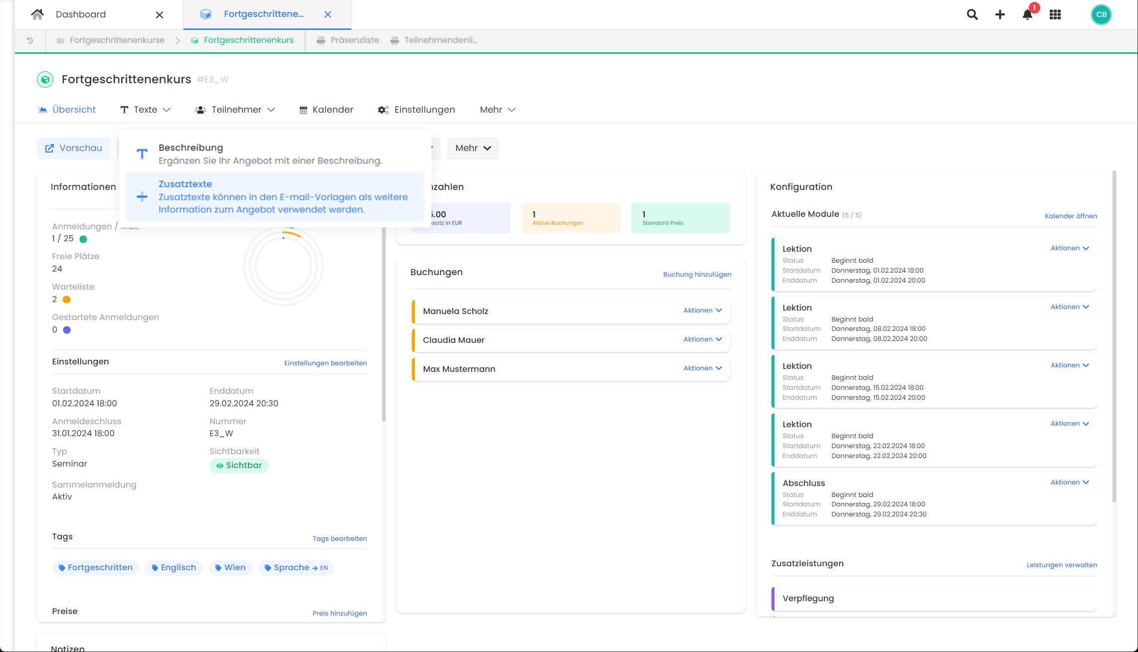 Auf diesem Bild wird das Angebotsdashboard für einen Grundlagenkurs in edoobox, dem Online-Buchungssystem, gezeigt. Im Fokus ist der Button, um Zusatztexte für das Angebot zu erfassen.