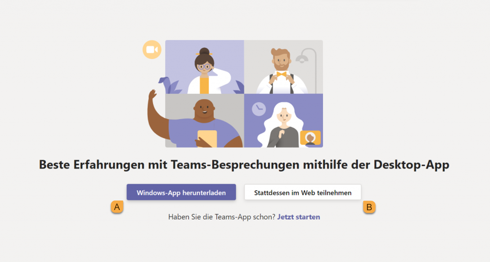 Anzeige der Microsoft Teams-Webseite mit Optionen zum Herunterladen der Desktop-App oder zur Teilnahme an einem Meeting über den Browser, hervorgehoben für die Teilnahme an einer Schulung.