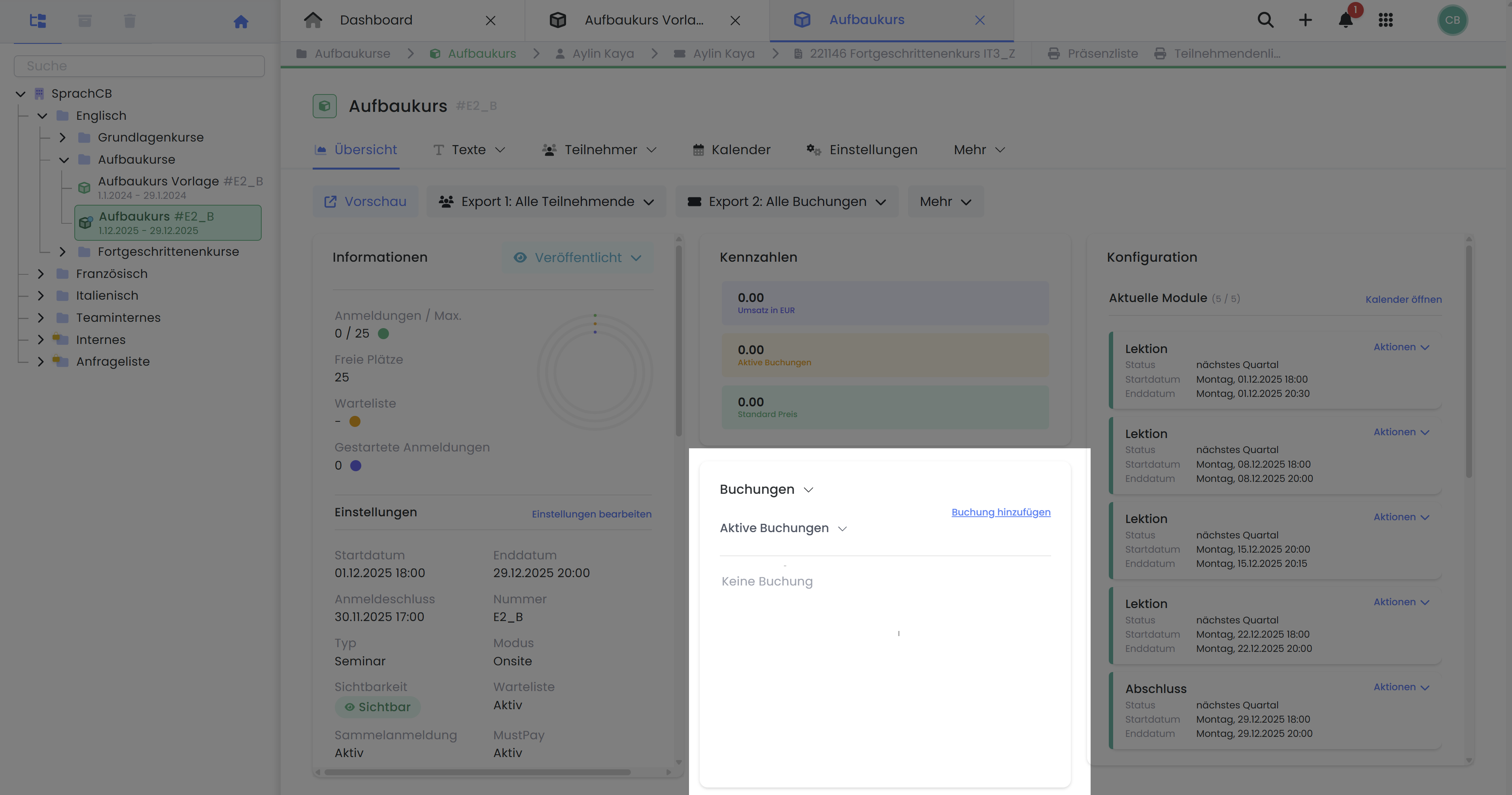 Screenshot von edoobox dem Online Buchungssystem. Bild zeigt einen Ausschnitt mit dem Angebotsdashboard und dem Ausschnitt, über den direkt eine neue Buchung erstellt werden kann