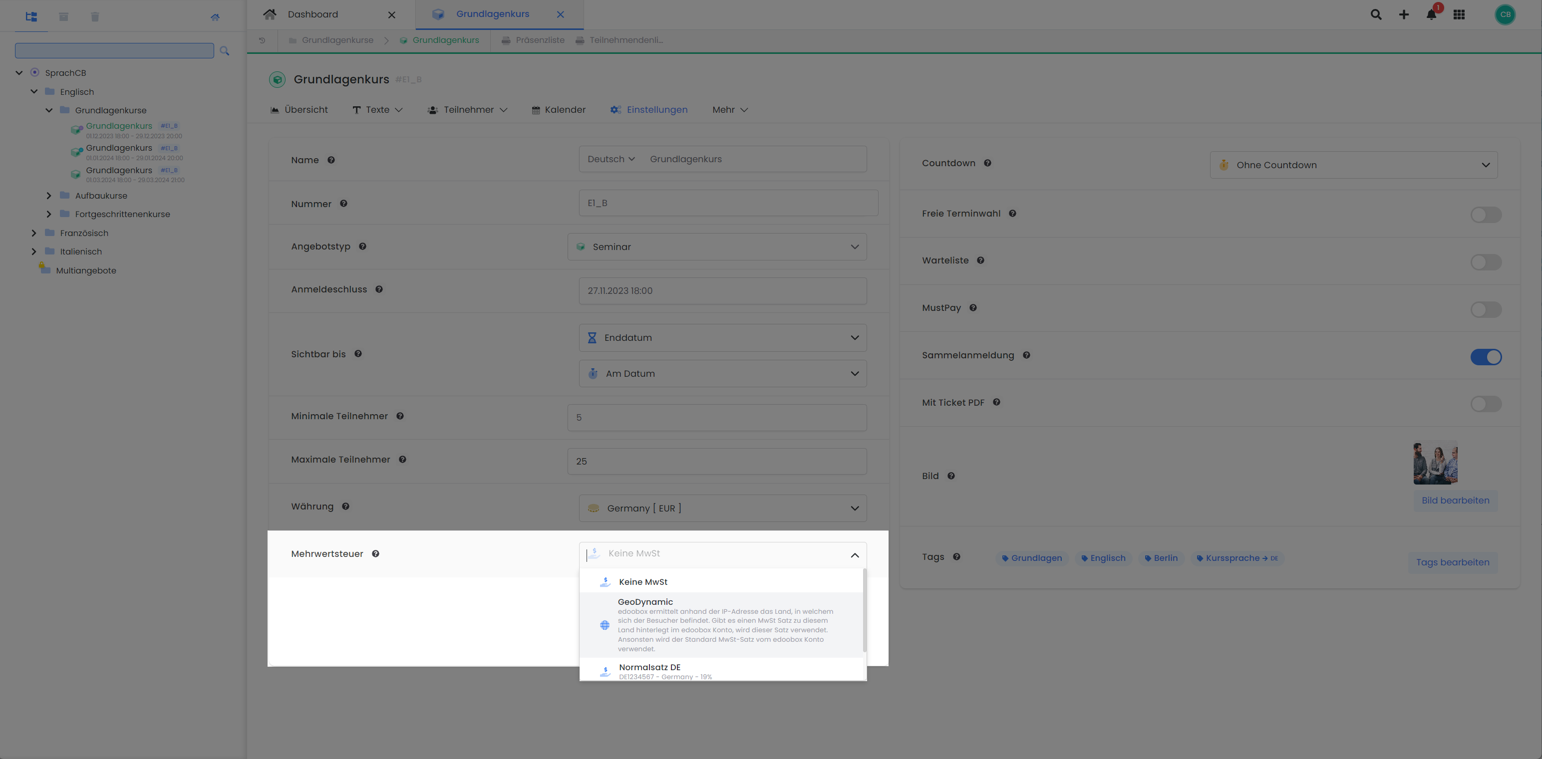 Auf diesem Screenshot ist die Benutzeroberfläche von edoobox, dem Online-Buchungssystem, zu sehen. Hervorgehoben sind die Einstellungen zur Mehrwertsteuer in einem spezifischen Angebot mit der Option GeoDynamic Mehrwertsteuer.