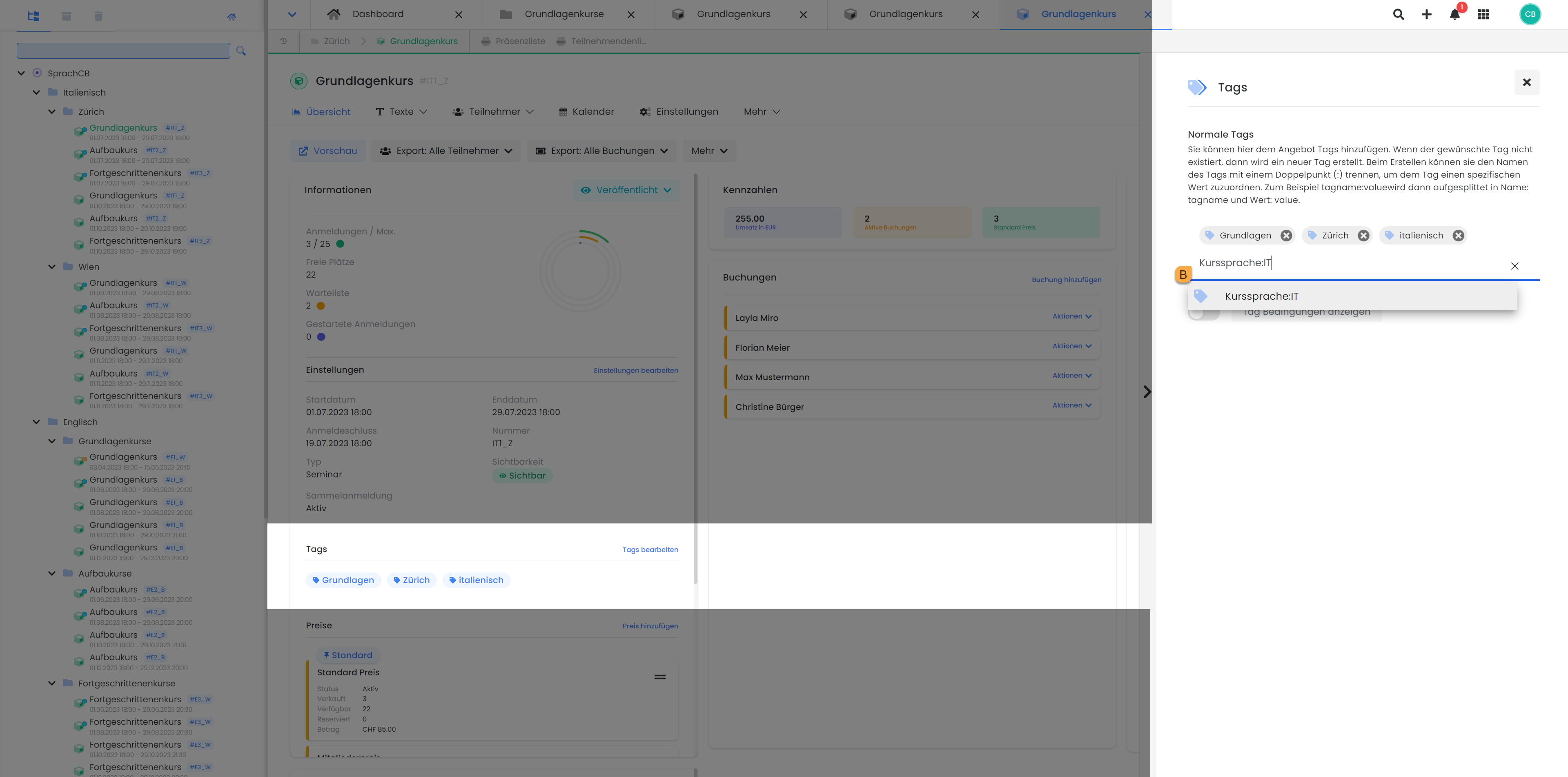 Screenshot der Benutzeroberfläche von edoobox, dem Online-Buchungssystem. Im Bild wird einem Angebot ein Tag mit Wert hinzugefügt, um die Unterrichtssprache zu hinterlegen