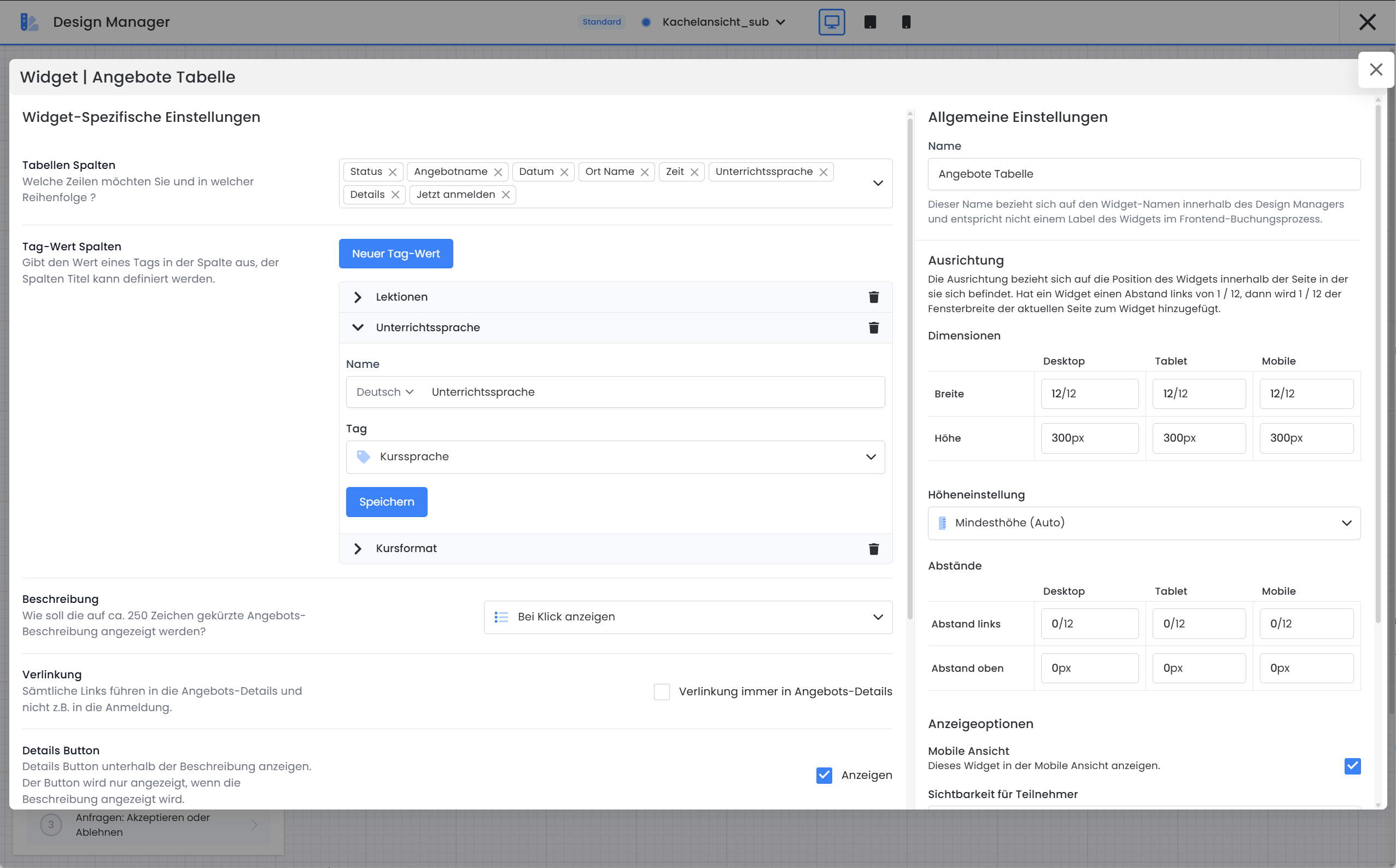 Screenshot der edoobox Benutzeroberfläche im Design Manager, um die Werte von Tags im Buchungsprozess einblenden zu können
