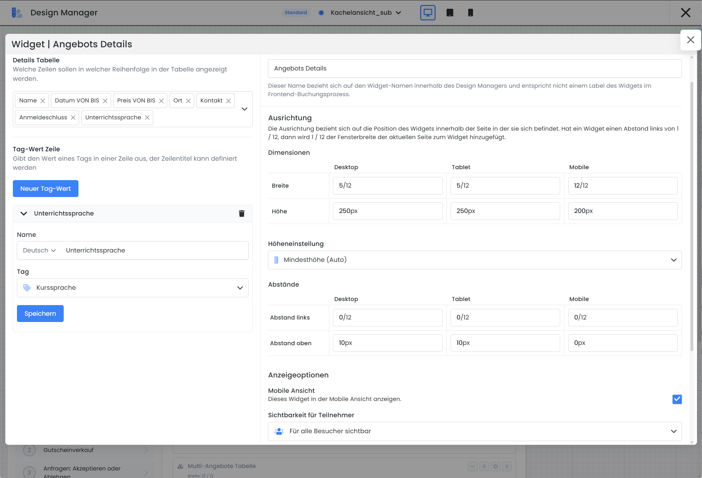 Screenshot der edoobox Benutzeroberfläche im Design Manager, um die Werte von Tags im Buchungsprozess einblenden zu können