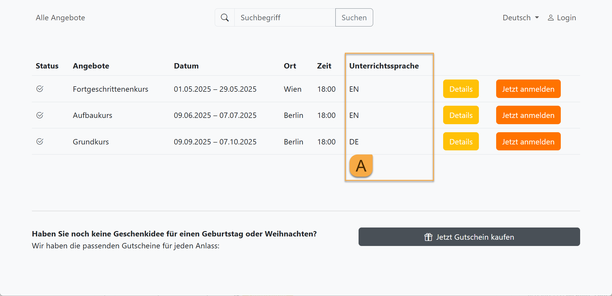 Buchungsprozess mit edoobox, dem Online-Buchungssystem. Screenshot der Angeobtsübersicht mit allen veröffentlichten Angeboten und dem Anmeldebutton