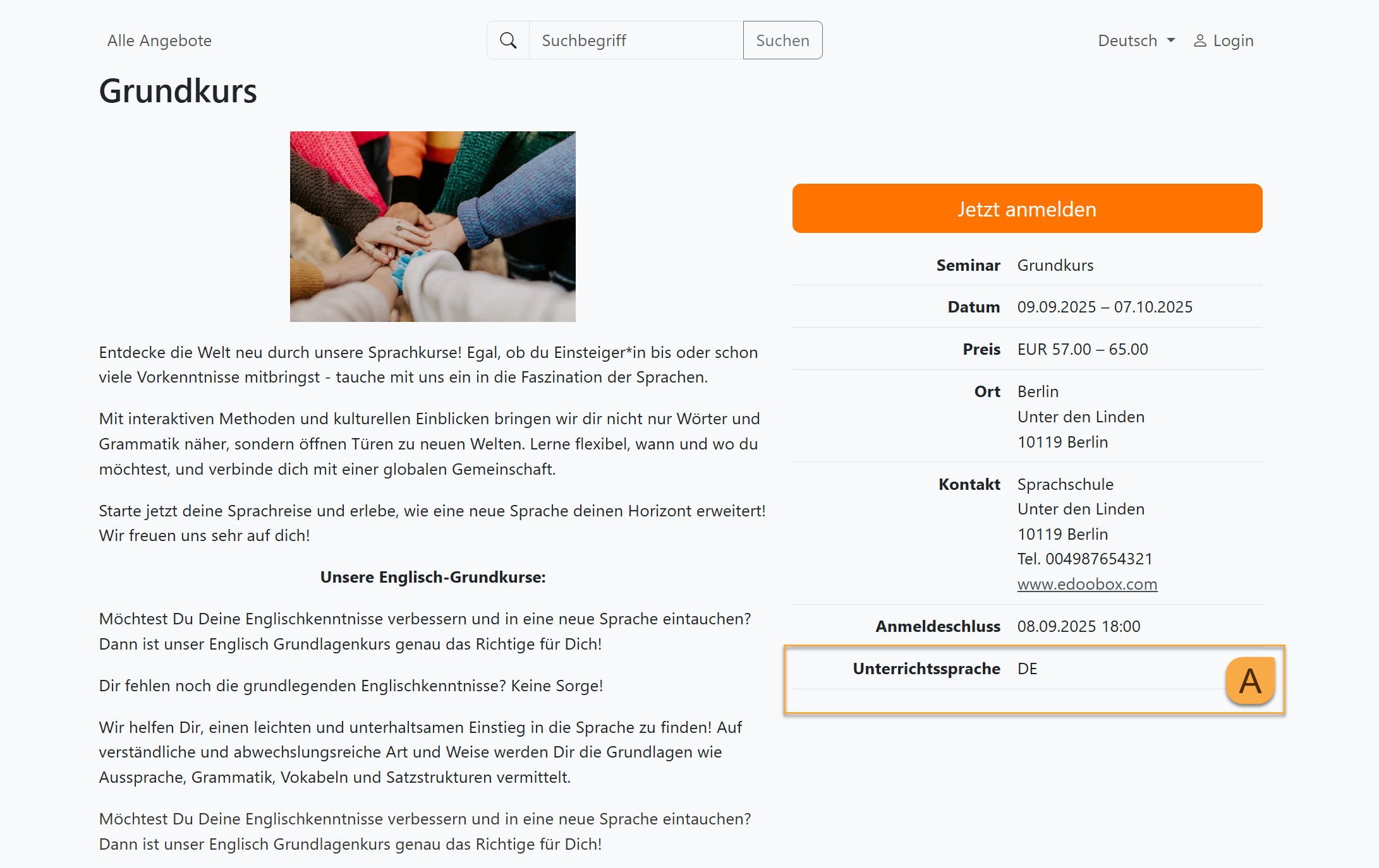 Buchungsprozess mit edoobox, dem Online-Buchungssystem. Screenshot der Angeobtsdetails mit allen Informationen zu einem Angebot