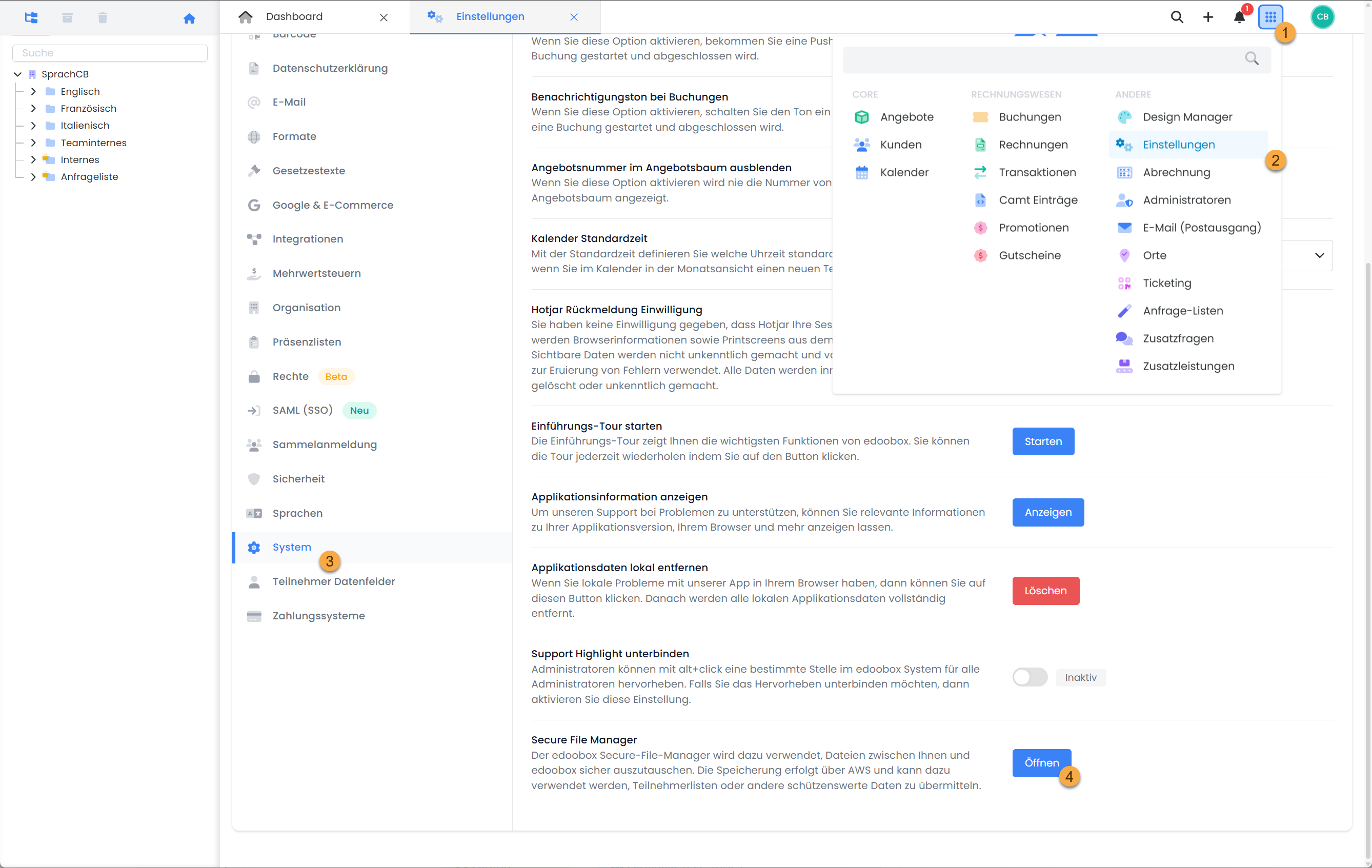 Screenshot vom UI von edoobox, dem Online-Buchungssystem. Das Bild zeigt die globalen Einstellungen und die Verlinkung in den Secure File Manager