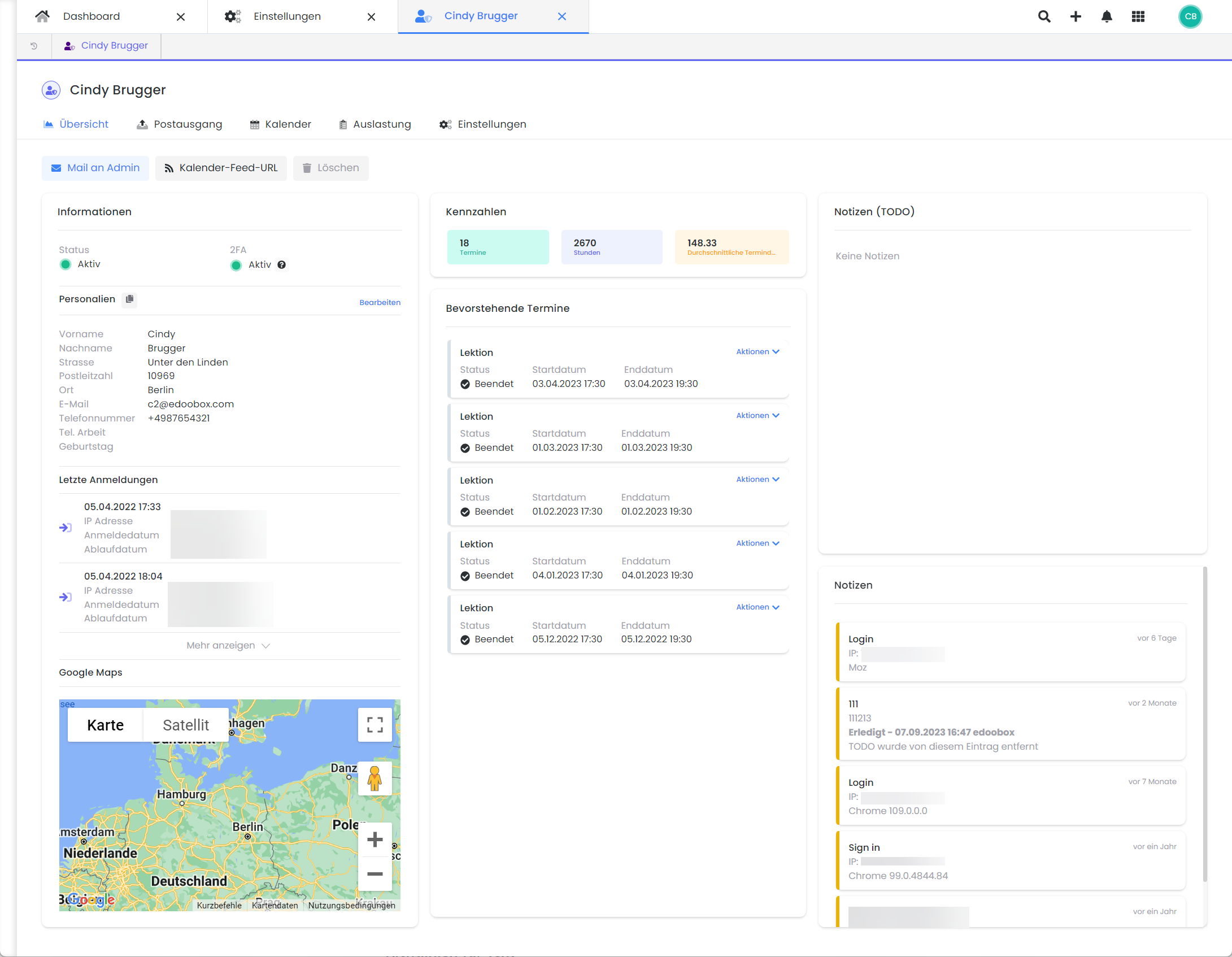 User interface of edoobox, the online booking system. The admin profile of Cindy Brugger is displayed, including personal information, a Google Maps view, upcoming appointments and various notes.