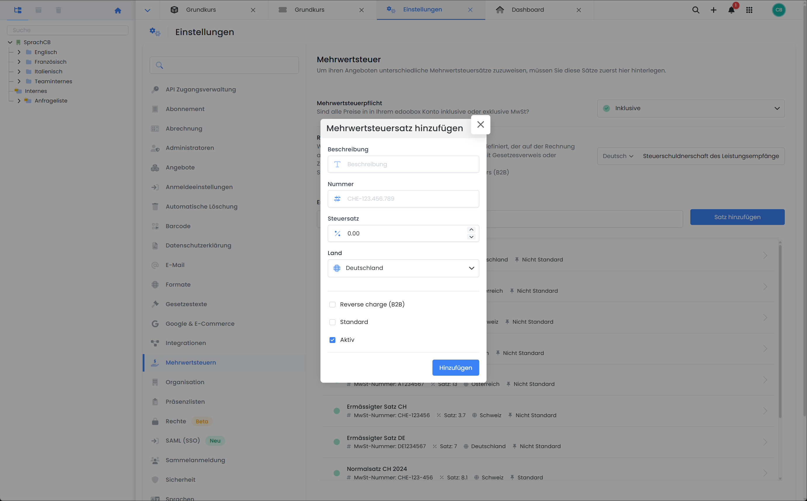 This screenshot shows the user interface of edoobox, the online booking system. The global settings for VAT rates and the option to charge and display prices in edoobox including or excluding VAT are highlighted.