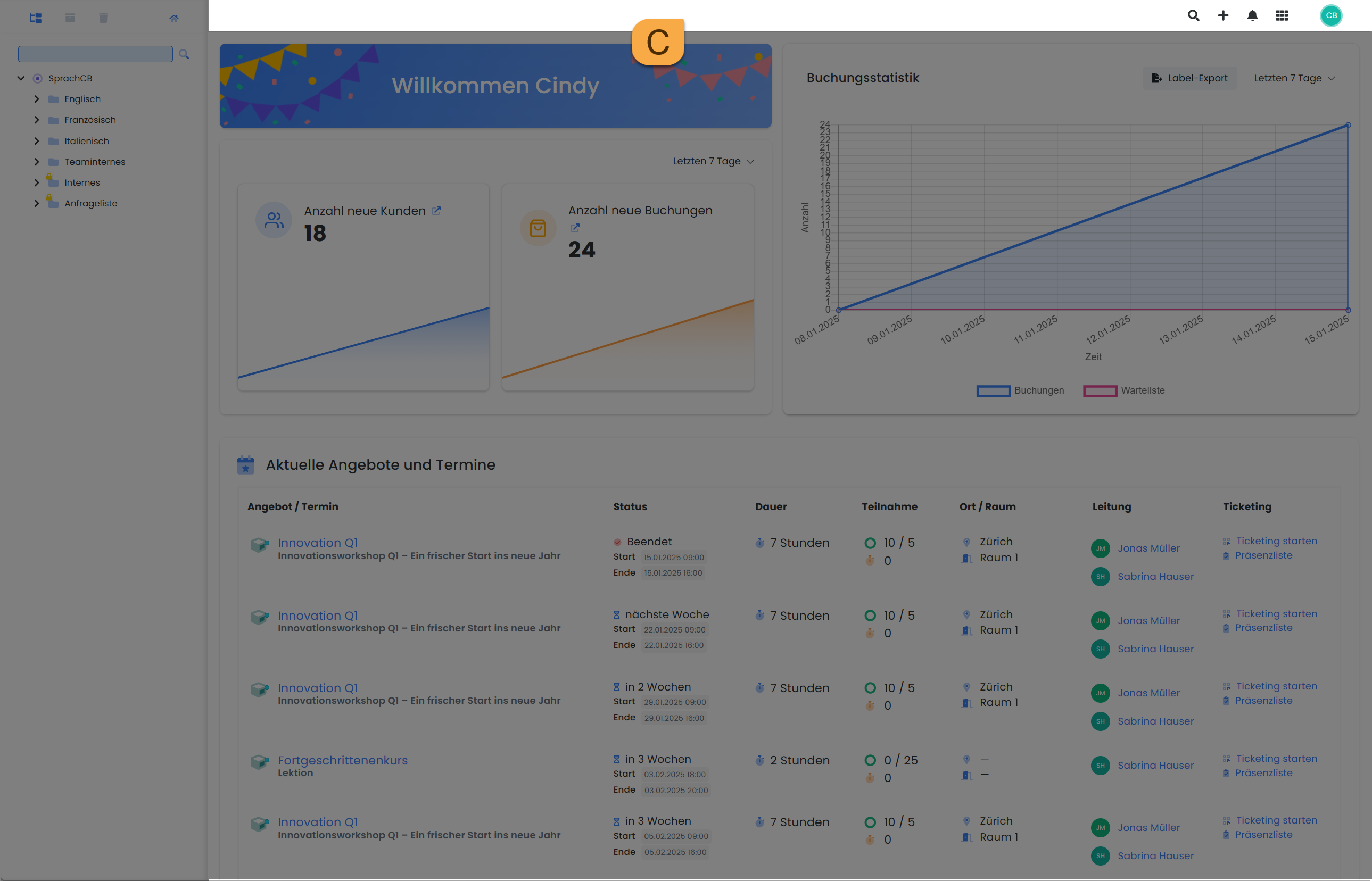 Detailed view of the user interface of edoobox, the online booking system. The main navigation is highlighted, which includes functions for creating new data records, navigating to different areas and global search.