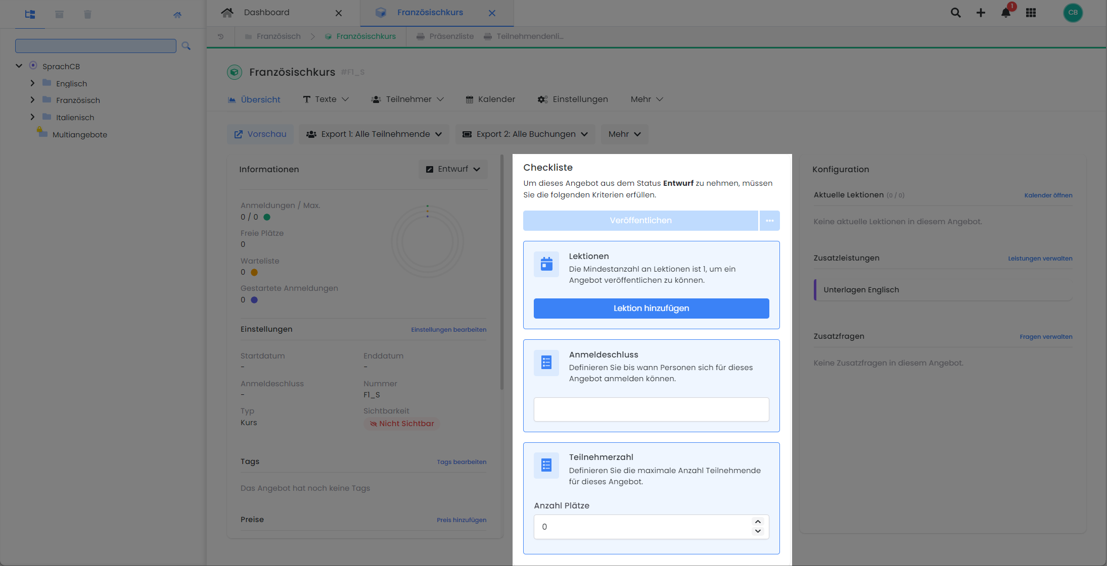 This screenshot shows an offer dashboard from edoobox, the online booking system. An example course is shown. At the center is a checklist that shows the admin which criteria must be met in order to publish the offer.