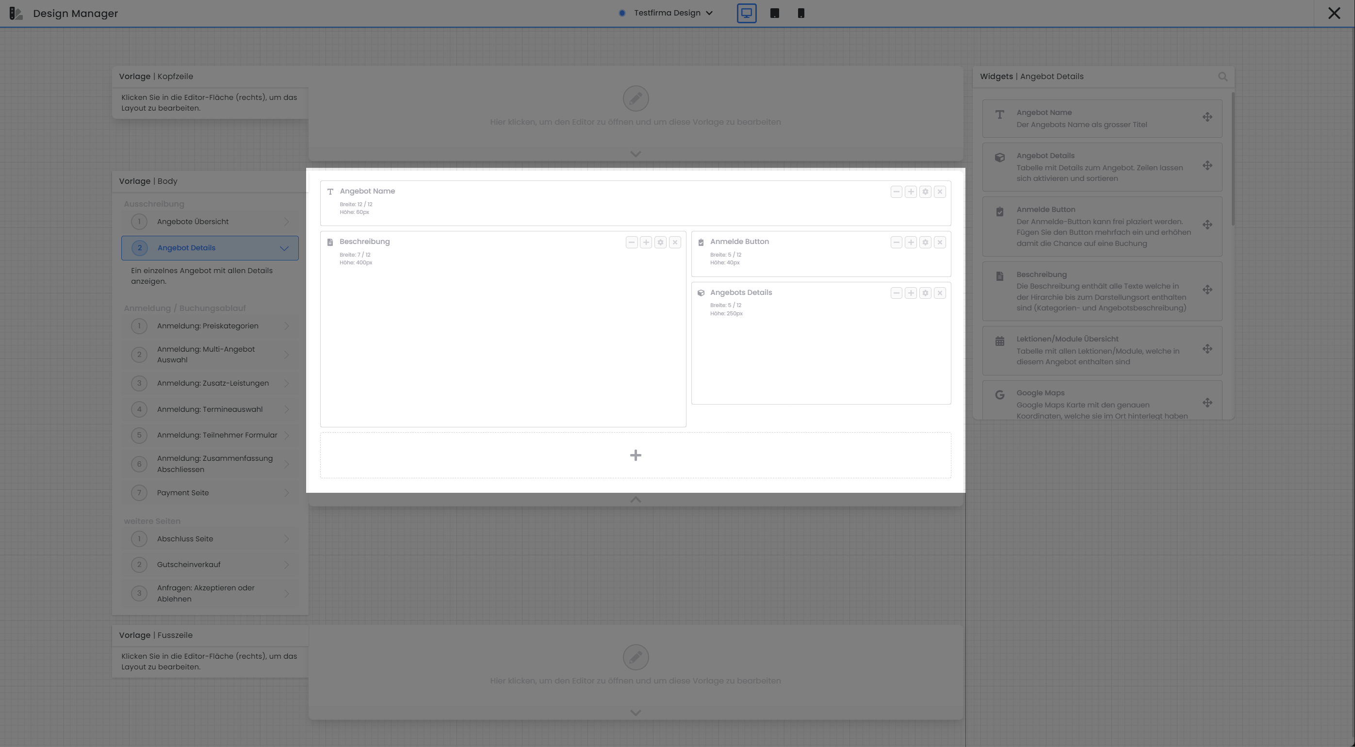 This screenshot shows the Design Manager of edoobox, the online booking system. Here, the admin can customize the booking process. Various widgets and elements can be added to the displayed offer details area, including the description widget, which is used to display the offer description. There are also other widgets listed that can be used to customize the booking process.