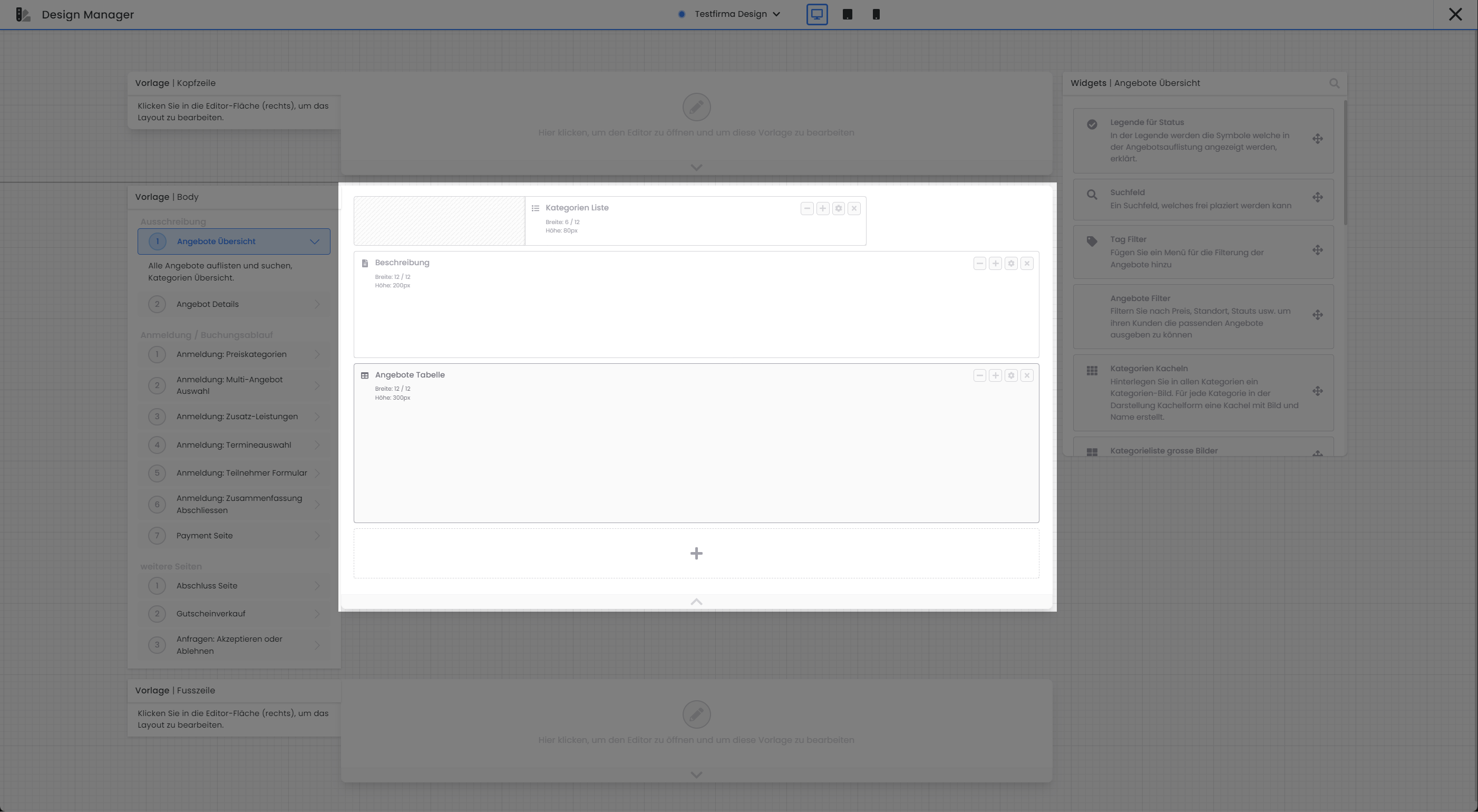 This screenshot shows the Design Manager of edoobox, the online booking system. Here, the admin can customize the booking process. Various widgets and elements can be added in the displayed area of the offer overview, including the description widget, which is used to display the category description. There are also other widgets listed that can be used to customize the booking process.