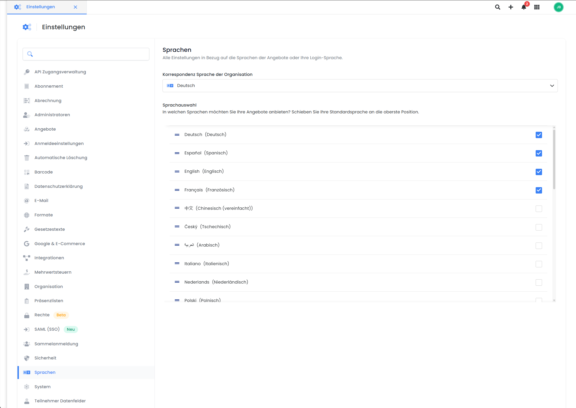 User interface of edoobox, the online booking system with many possible languages for the booking process