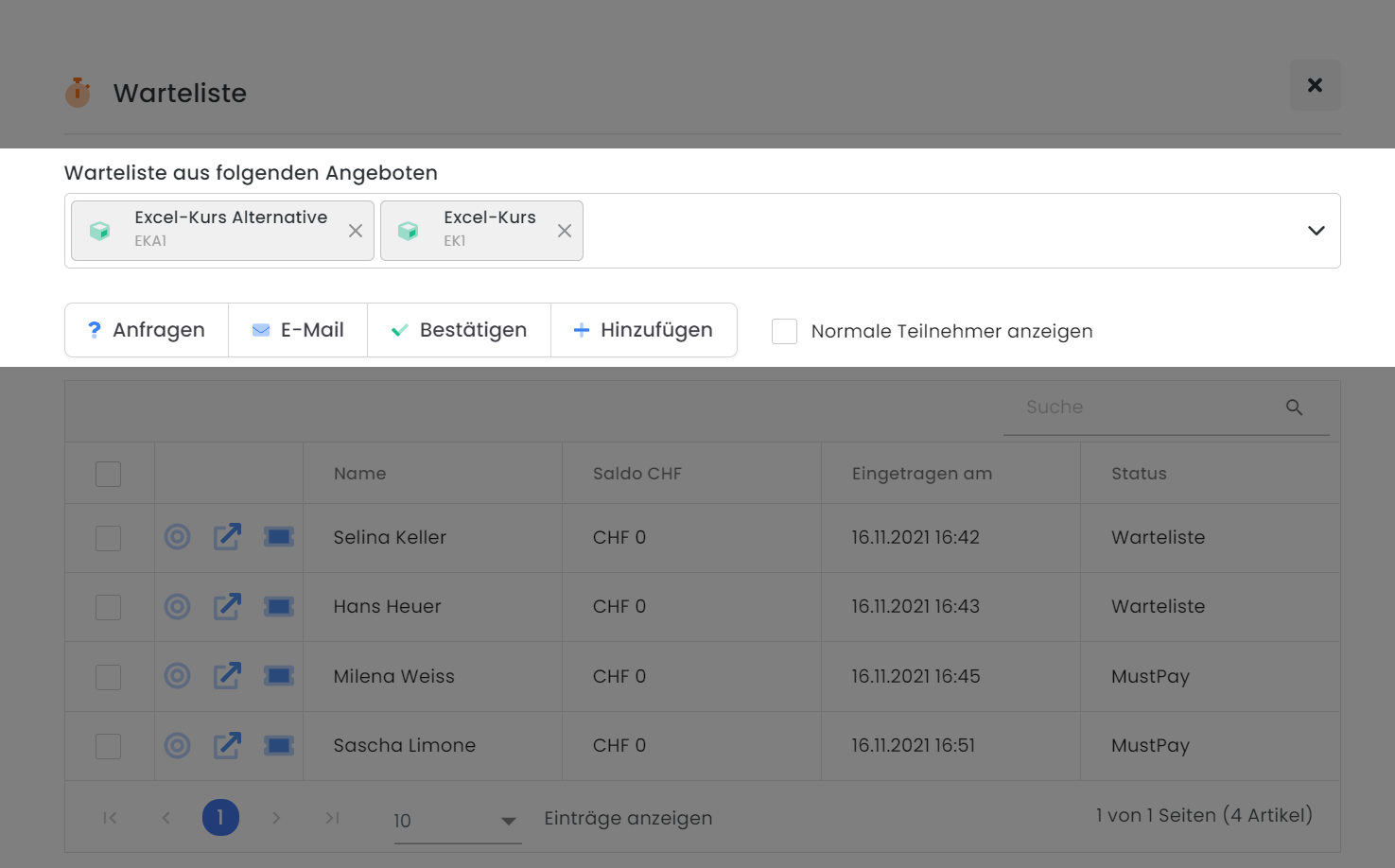 The image shows the waiting list feature of edoobox, the online booking system. You can see the functions in the waiting list for managing the people on the list and how waiting list participants can be requested for a replacement offer.