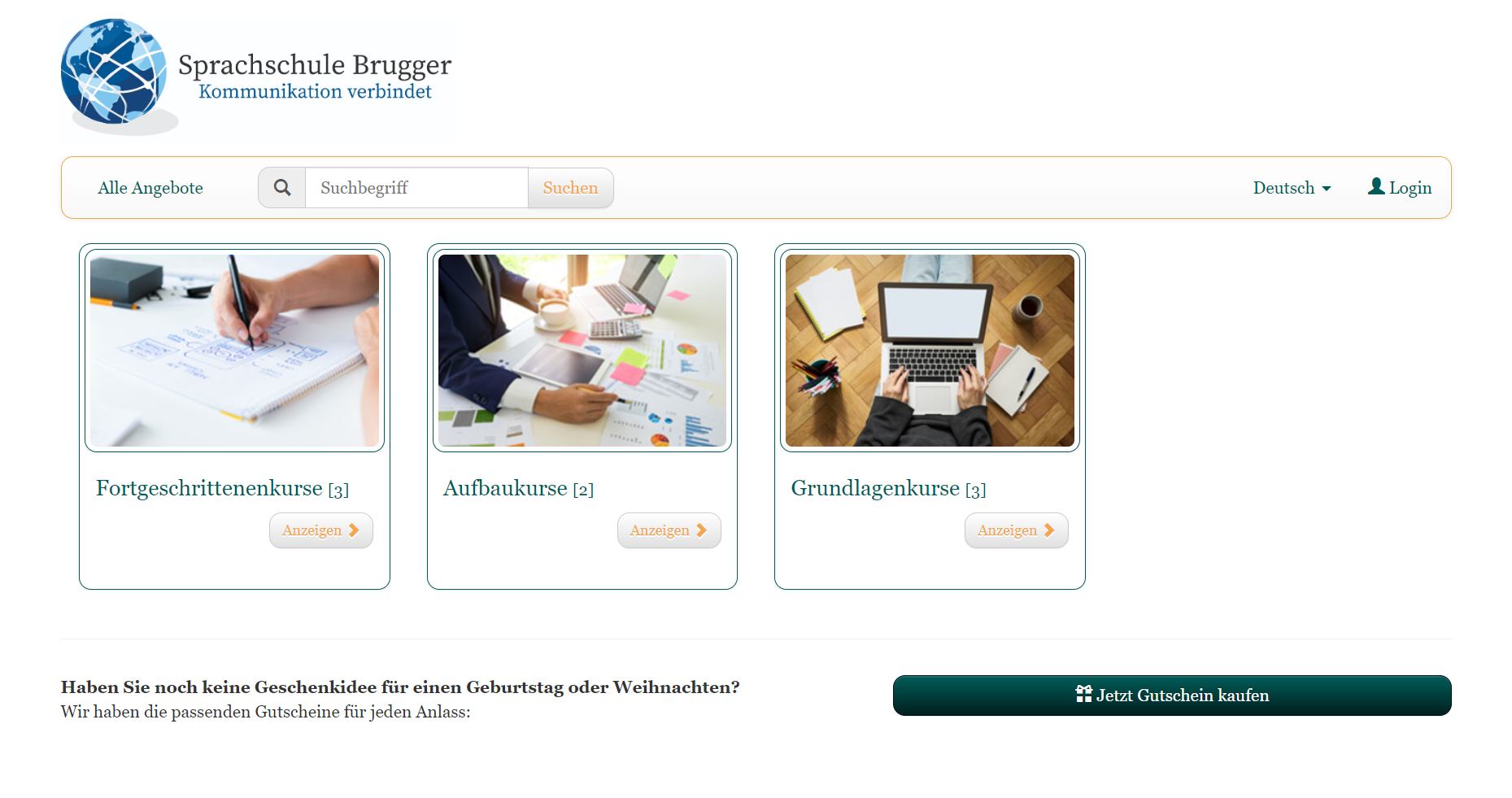 This image shows an example booking process with edoobox, the online booking system. It shows the start page of a language school with a tile overview of the course categories represented by images - advanced courses, intermediate courses and basic courses. Below this is an advertising text for vouchers as a gift idea.