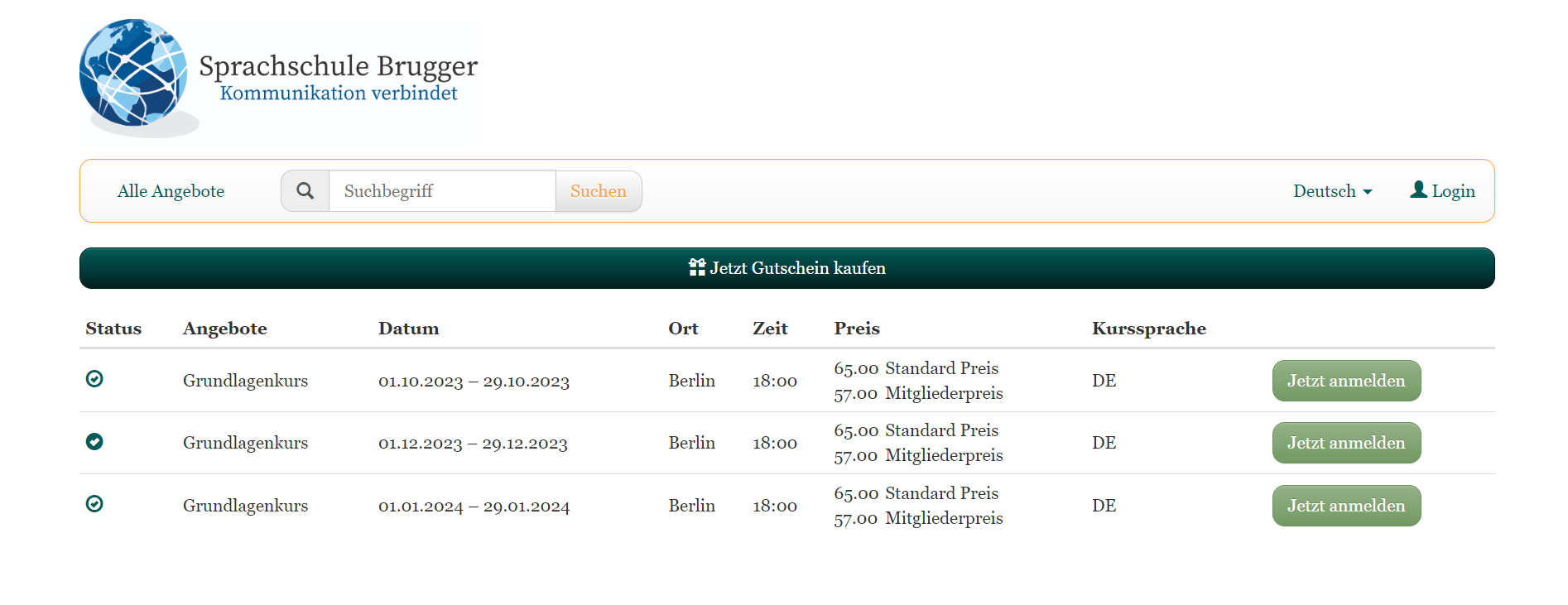 This image shows an example booking process with edoobox, the online booking system. It shows a course overview of a category with a list view in which the individual courses can be selected or booked.