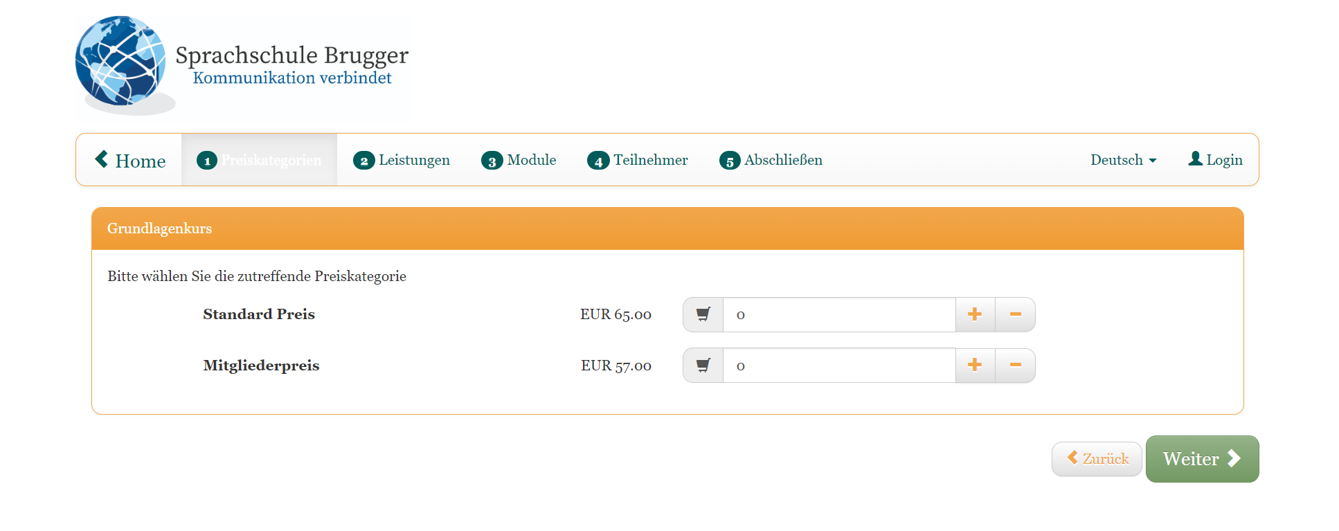 This image shows an example booking process with edoobox, the online booking system. It represents a step in the registration process in which the desired price categories can be selected.