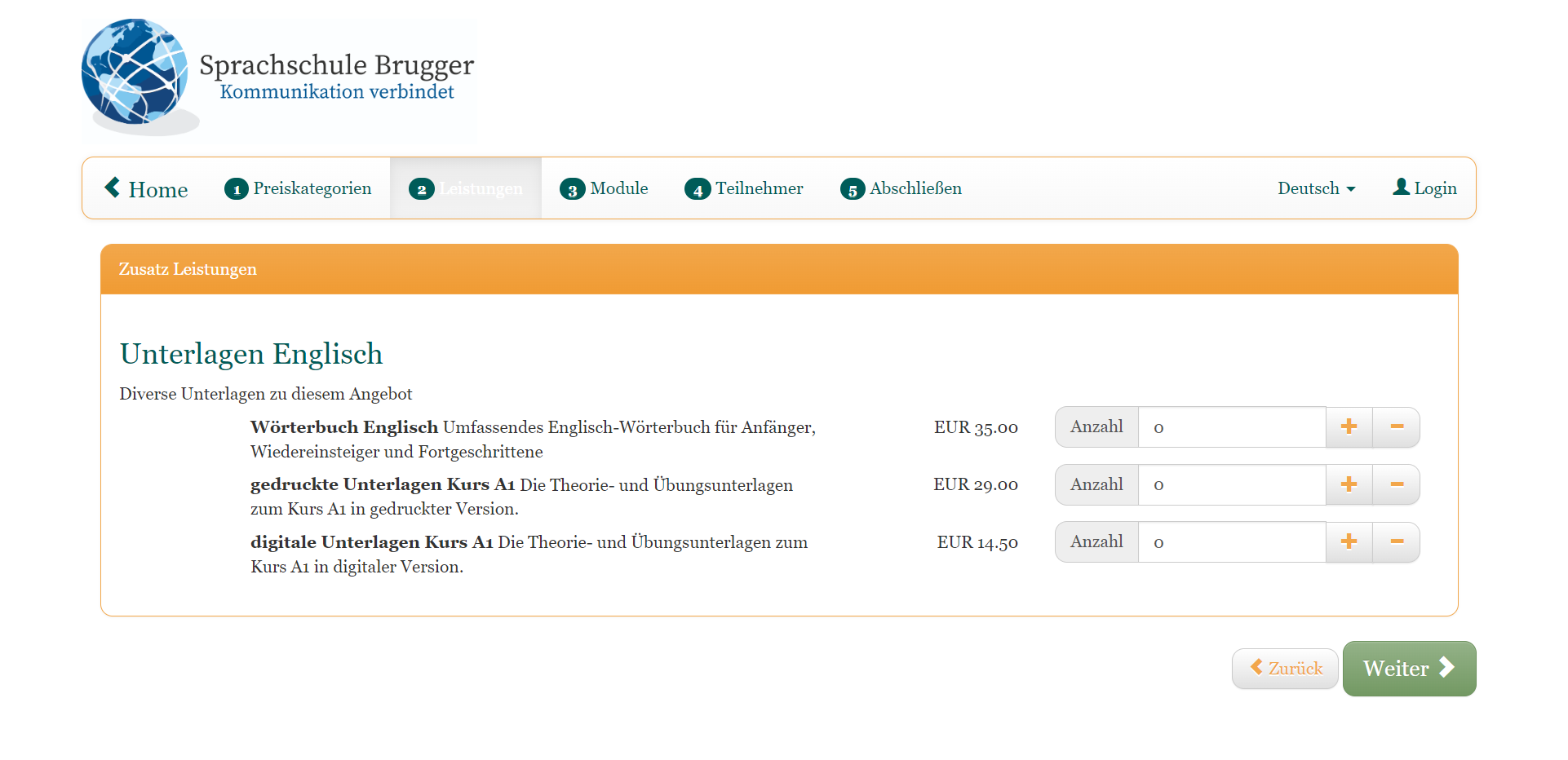 This image shows an example booking process with edoobox, the online booking system. It represents a step in the registration process in which the desired additional services can be selected.