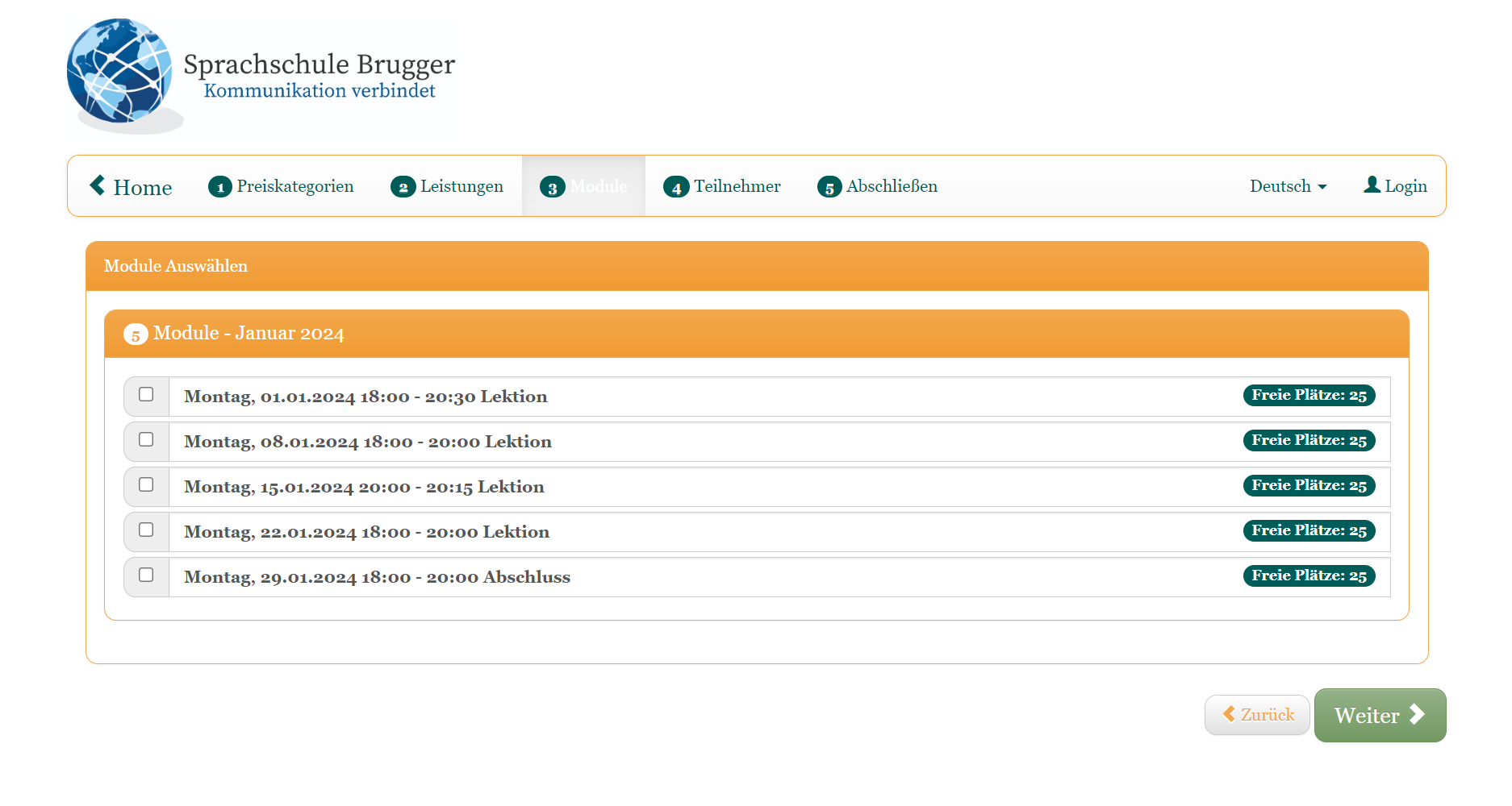 This image shows an example booking process with edoobox, the online booking system. It represents a step in the registration process in which the desired dates can be selected.