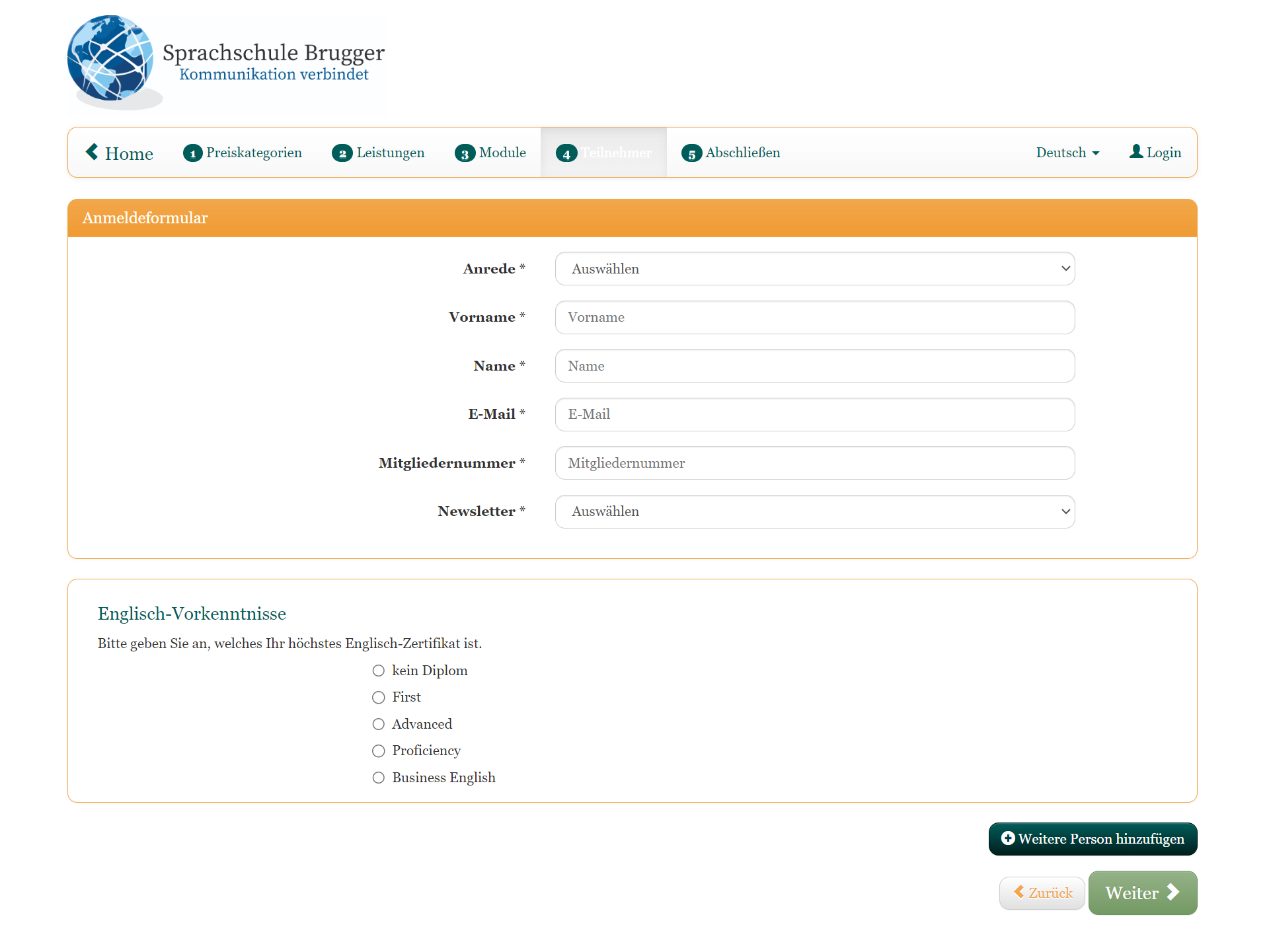 This image shows an example booking process with edoobox, the online booking system. It shows one step of the registration process in which the registration form can be filled out.