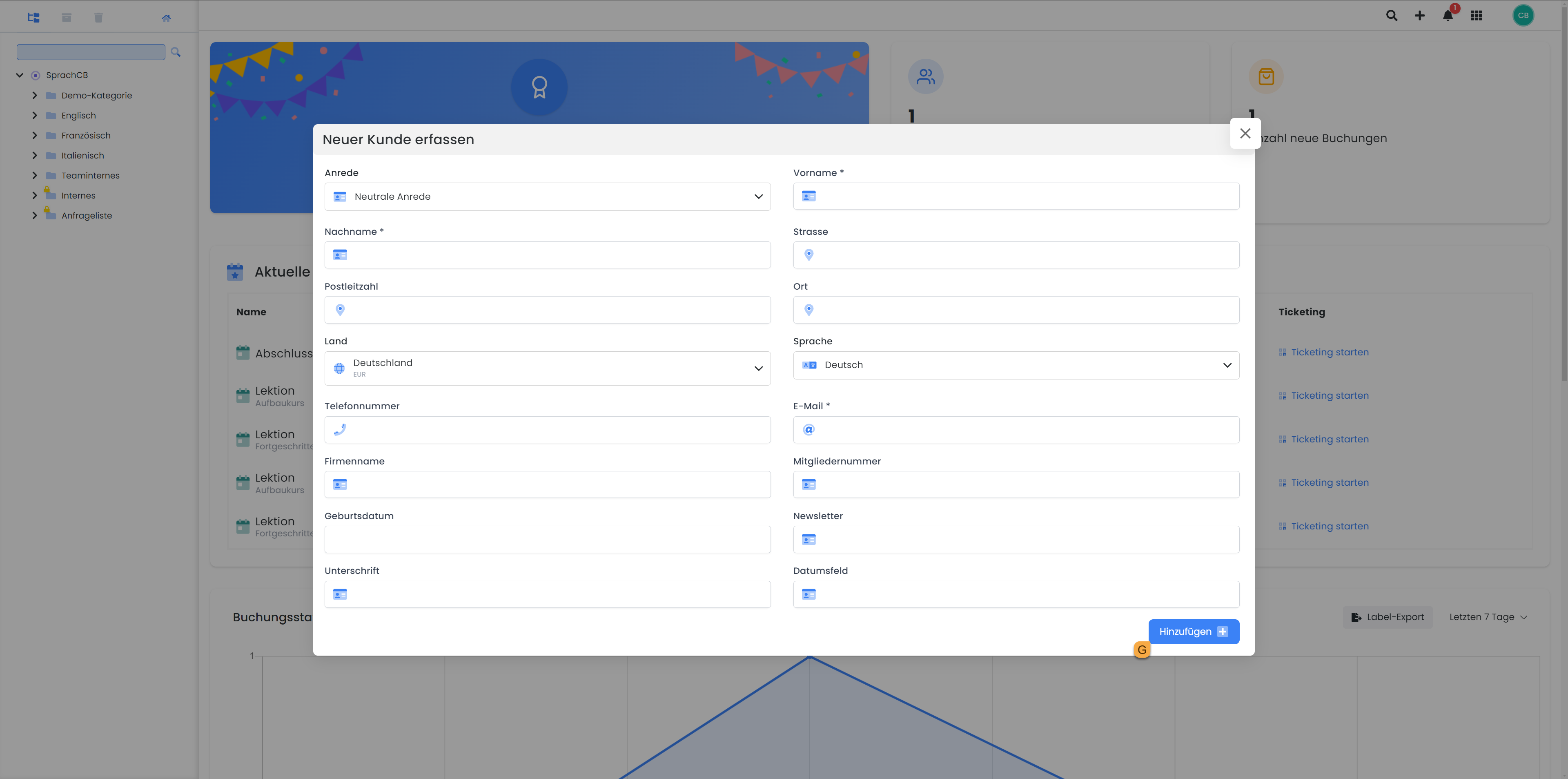 Screenshot of edoobox the online booking system. Image shows a section of the start page with the window open for adding a new customer