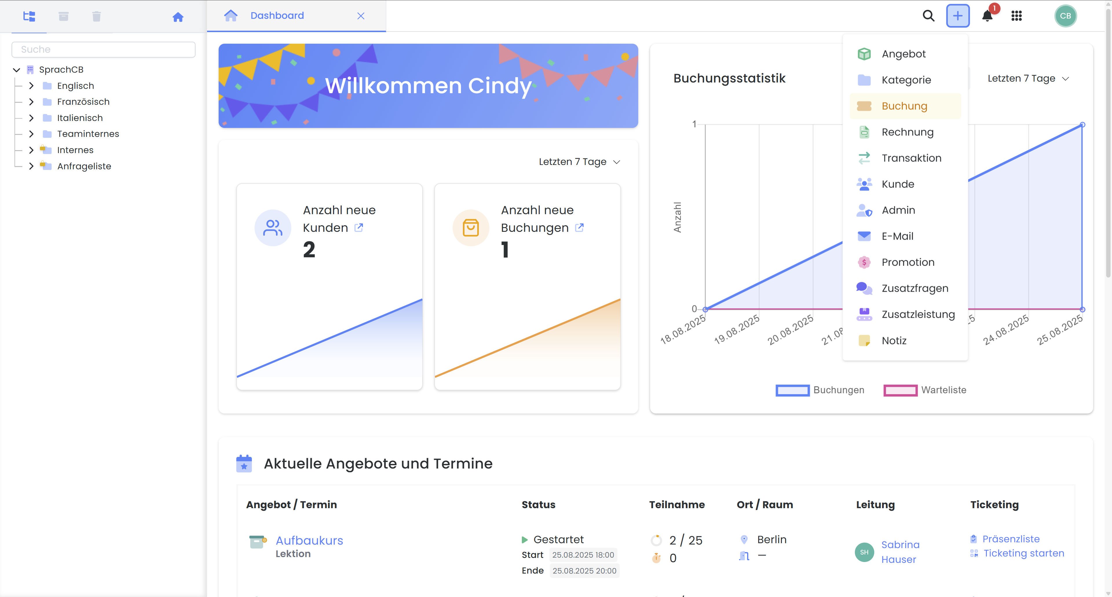 Screenshot of edoobox the online booking system. Image shows a section of the start page with the quick menu open