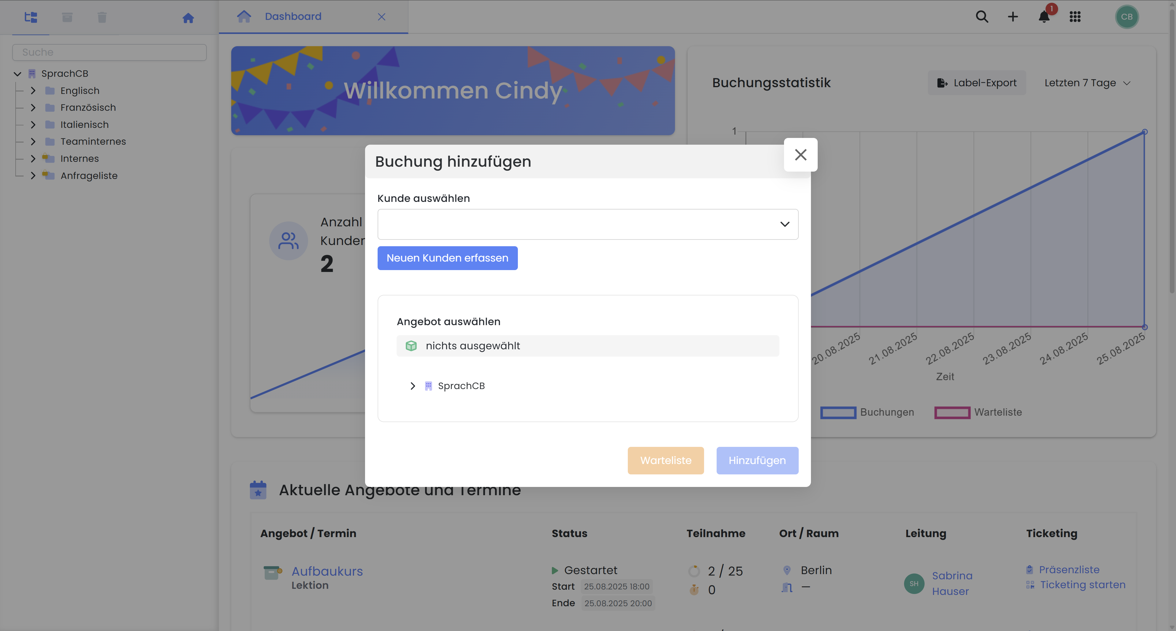 Screenshot of edoobox the online booking system. Image shows a section of the start page with a window open for adding a new booking