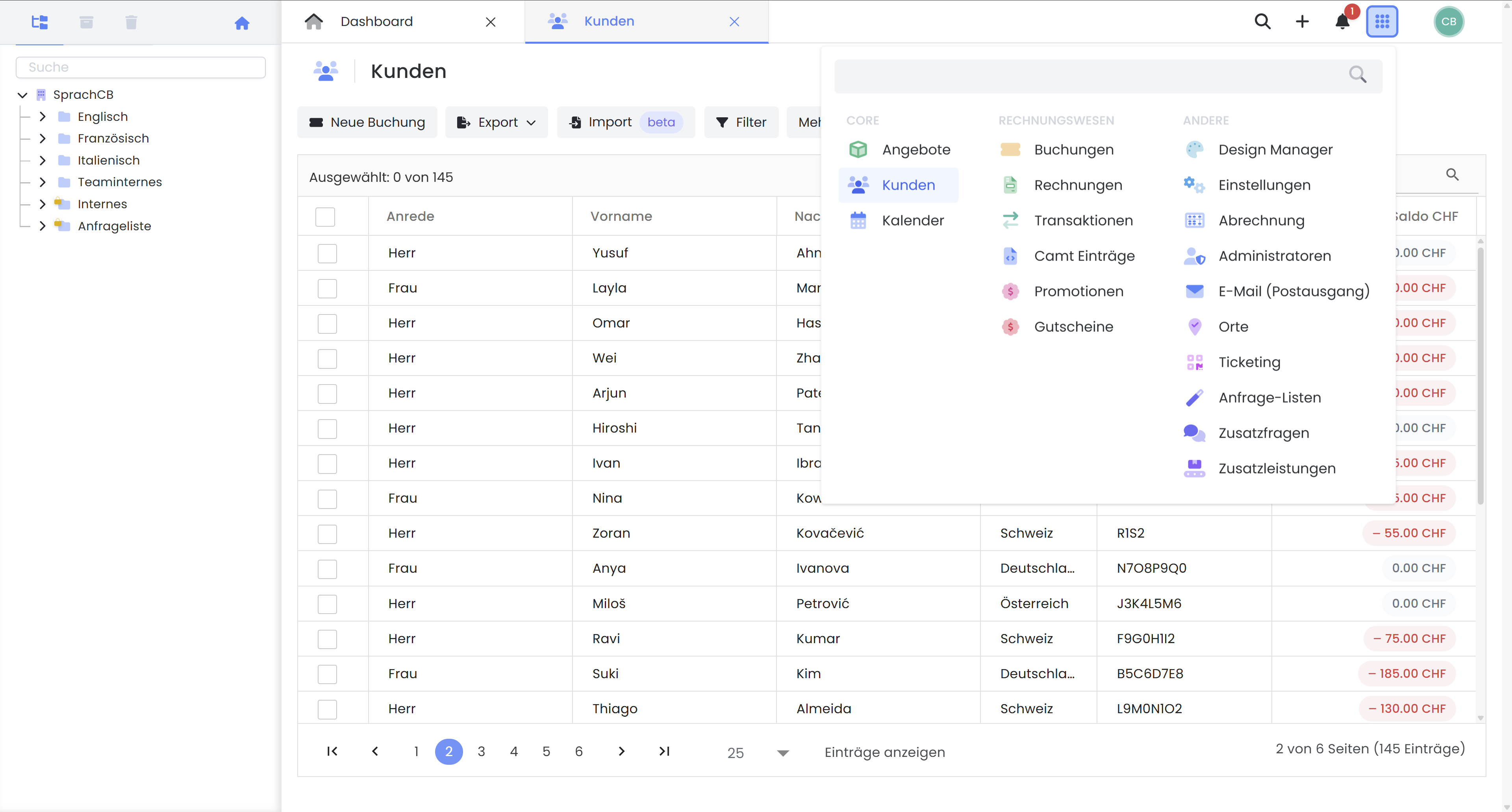 Screenshot of edoobox the online booking system. Image shows a section with the customer table, in which a new booking can be created directly