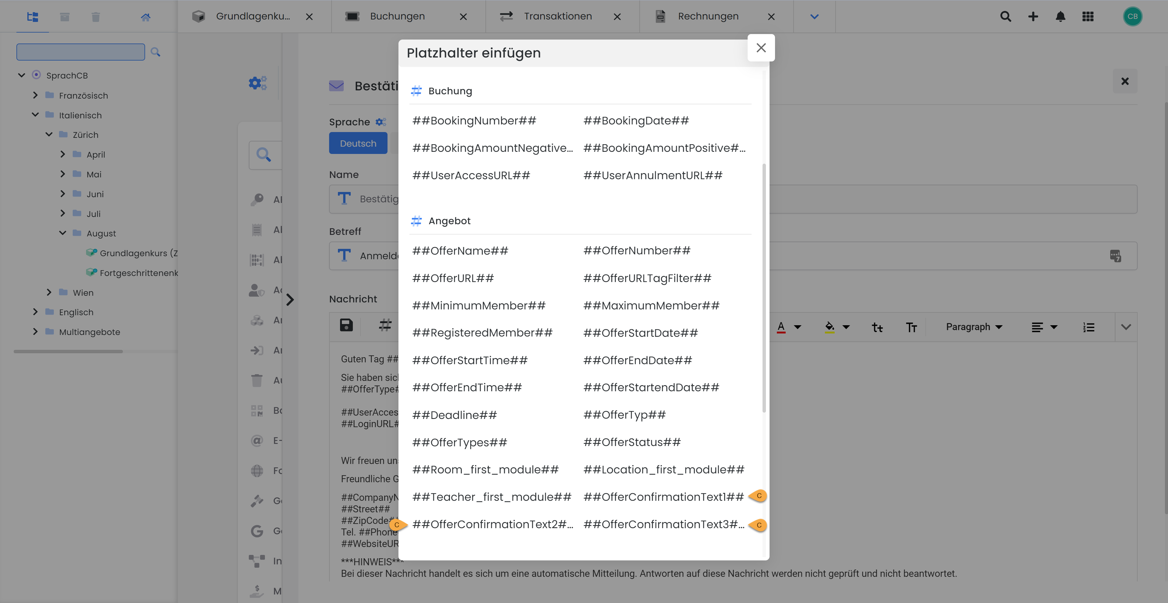 Screenshot of the edoobox user interface showing the dialog box for selecting placeholders for email templates, with categories for booking and offer and a variety of placeholder options for personalizing notifications.