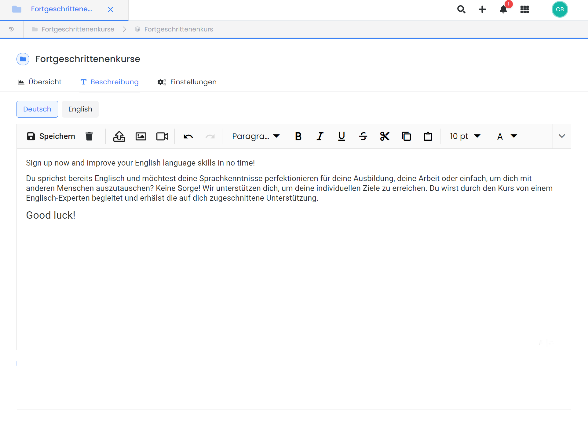 User interface of edoobox, the online booking system. The excerpt shows the description editor of an example category.