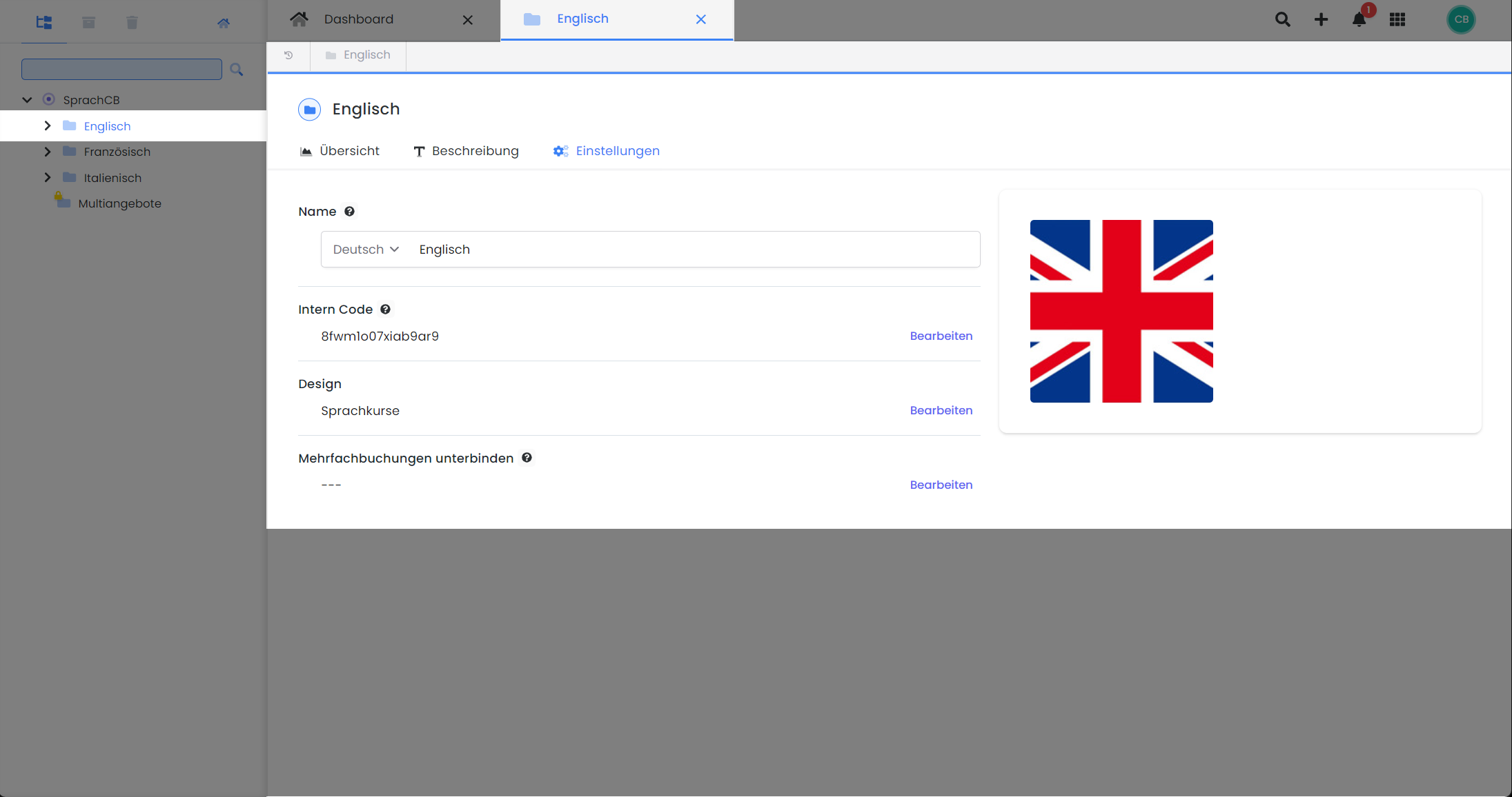User interface of edoobox, the online booking system. The excerpt shows the settings page for an example category. In the settings, fields for the category name, the internal code and the design selection are visible. There is also an option to prevent multiple bookings and an option to store a category image.