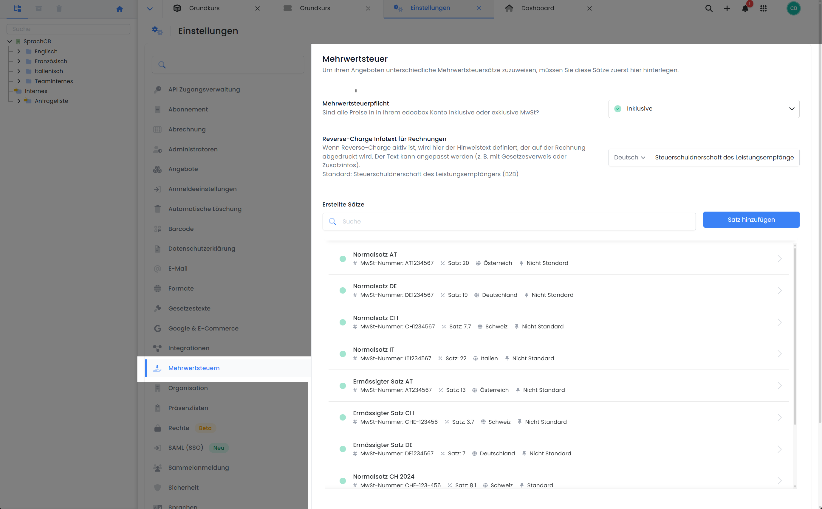 Sur cette capture d'écran, on peut voir l'interface utilisateur d'edoobox, le système de réservation en ligne. On y voit en surbrillance les paramètres globaux concernant les taux de TVA, qui sont ici ajoutés globalement pour permettre une facturation correcte.