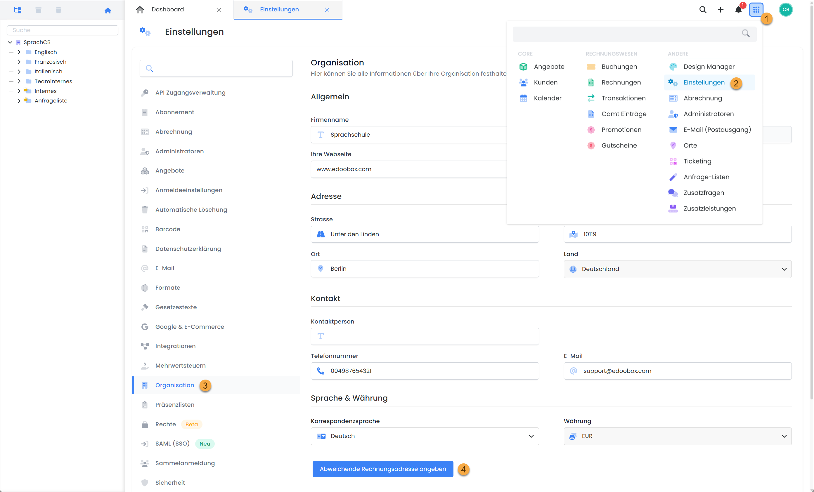 Capture d'écran d'edoobox, le système de réservation en ligne. L'image montre les paramètres de l'organisation avec des informations sur l'entreprise